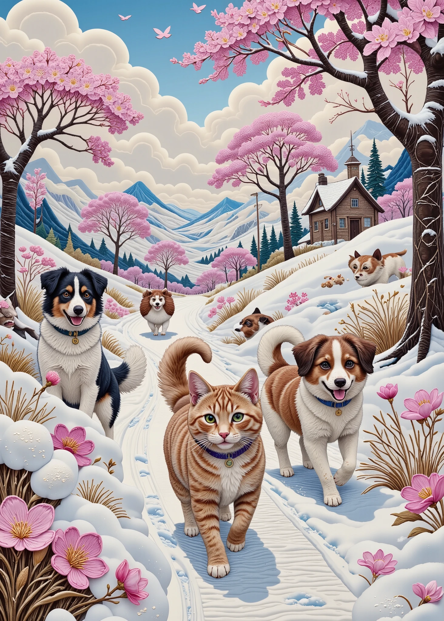  cute cats' journey , (A cat wearing a collar ,   I have 2 dogs running through the snow wearing cute adorable  , jugando en el   path of cotton clouds  :1.5),    very detailed faces and  ,   pink cherry blossoms ,   path of cotton clouds  , ( envelope,   Masterpiece:1.2),  超 Hi-Res , (  by Nomi , photo  by Nomi , photo-  by Nomi :1.37),  Dark Fantasy, gothic, The conceptual  ,  digital art,  chiaroscuro,  cinematic lighting,  motion blur , Fuji Color,  chromatic aberration abuse, 4K, 8k,  Hi-Res, U Hi-Res, retina,  Masterpiece,  accurate, 解剖学的に accurate,  textured skin,  super detailed,  Advanced Details ,  high quality,    I arranged the   , 最 high quality,  Hi-Res, 1080P,  Hi-Res, 16k