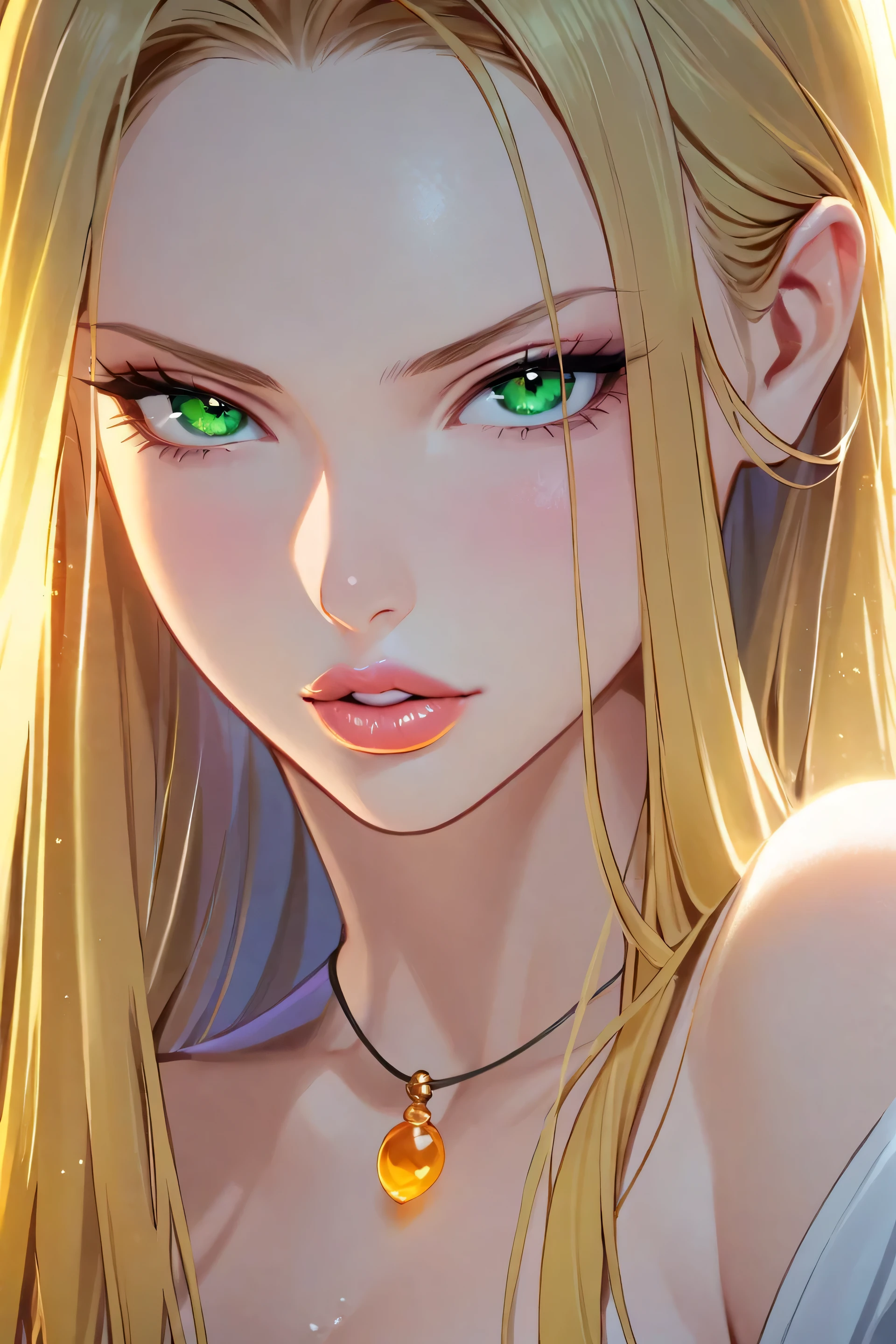 honey blonde, green eyes, sly look, juicy lips