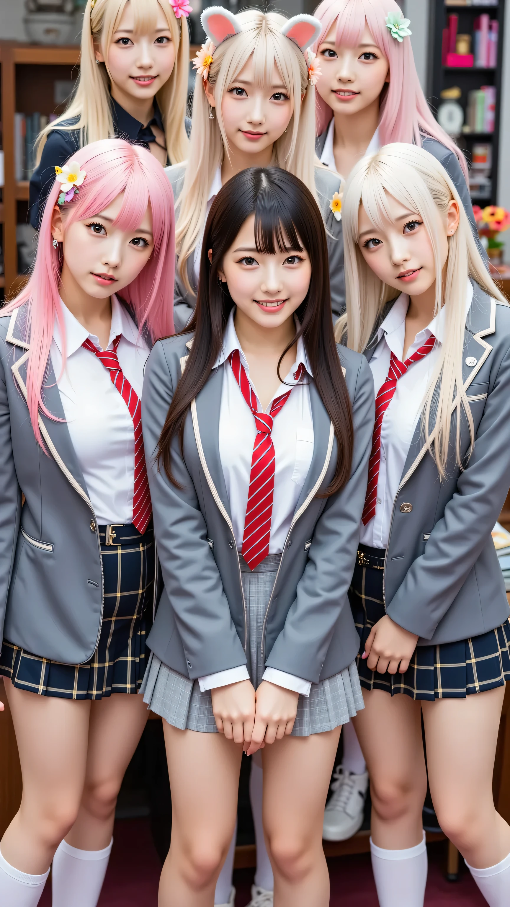 (5 girls:1.2), masterpiece, best quality, very aesthetic, absurdres, ultra detailed, UHD, 8K, highly detailed, newest, 5 girls with long pink messy hair and pink eyes wearing flower hair ornaments; they are dressed in grey blazers with red neckties, grey pleated skirts, black fishnet tights, smiling with open mouths; another group of 5 girls with long platinum hair styled with braids and rabbit ears; they have dark red eyes and wear blazers over sweaters paired with plaid skirts and white pantyhose while smiling; all groups are depicted in ultra-detailed aesthetics with vibrant colors and expressive poses.