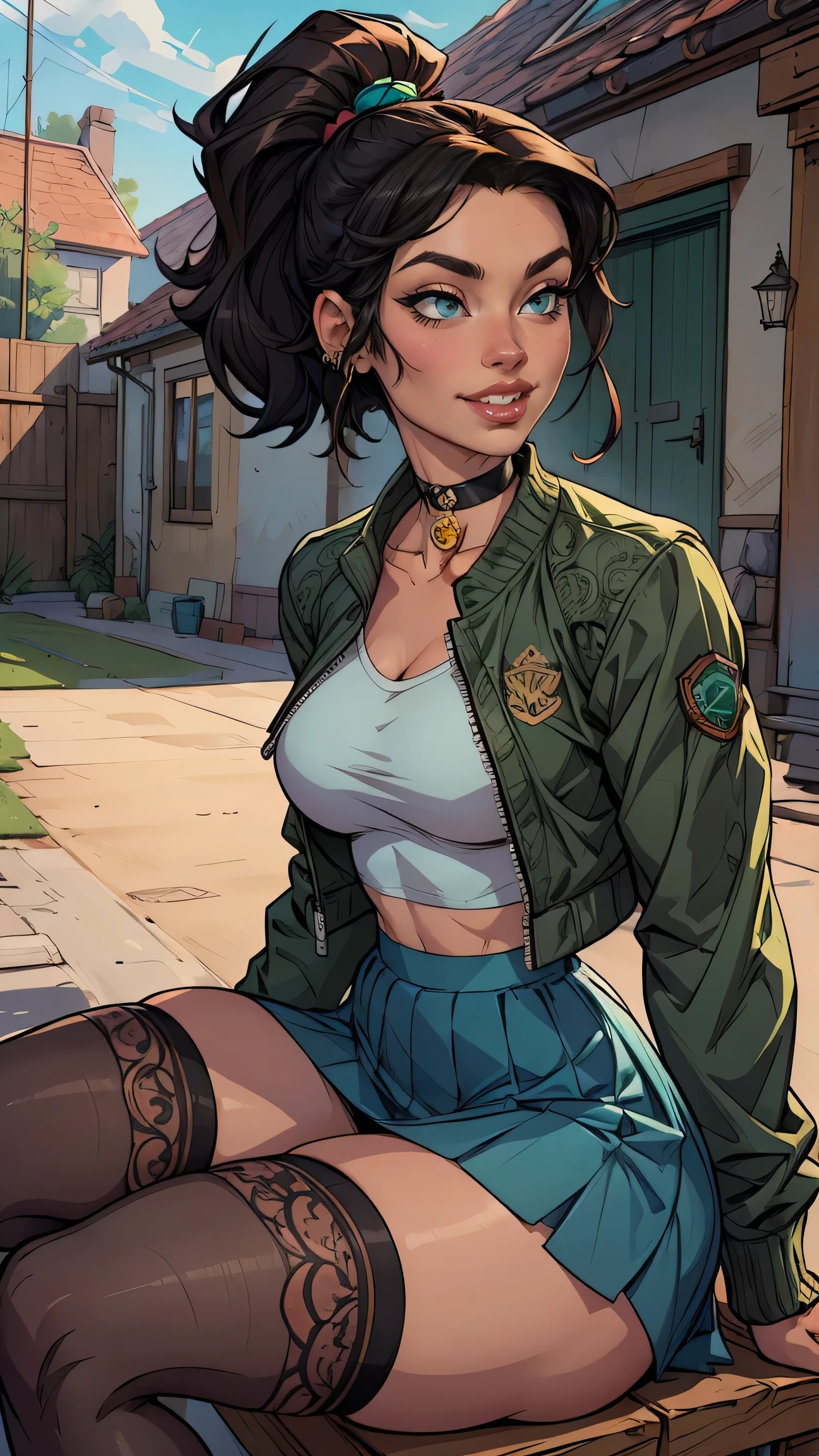 (masterpiece, best quality, 4k, aesthetic, detailed, intricate),outside,sunlight,sitting, sportkhth, thighhighs,1girl, frankiefoster,ponytail, choker, hairclip, hair ornament, shirt, green jacket, piercing, midriff, skirt,grin,thick thighs  ,front back view 