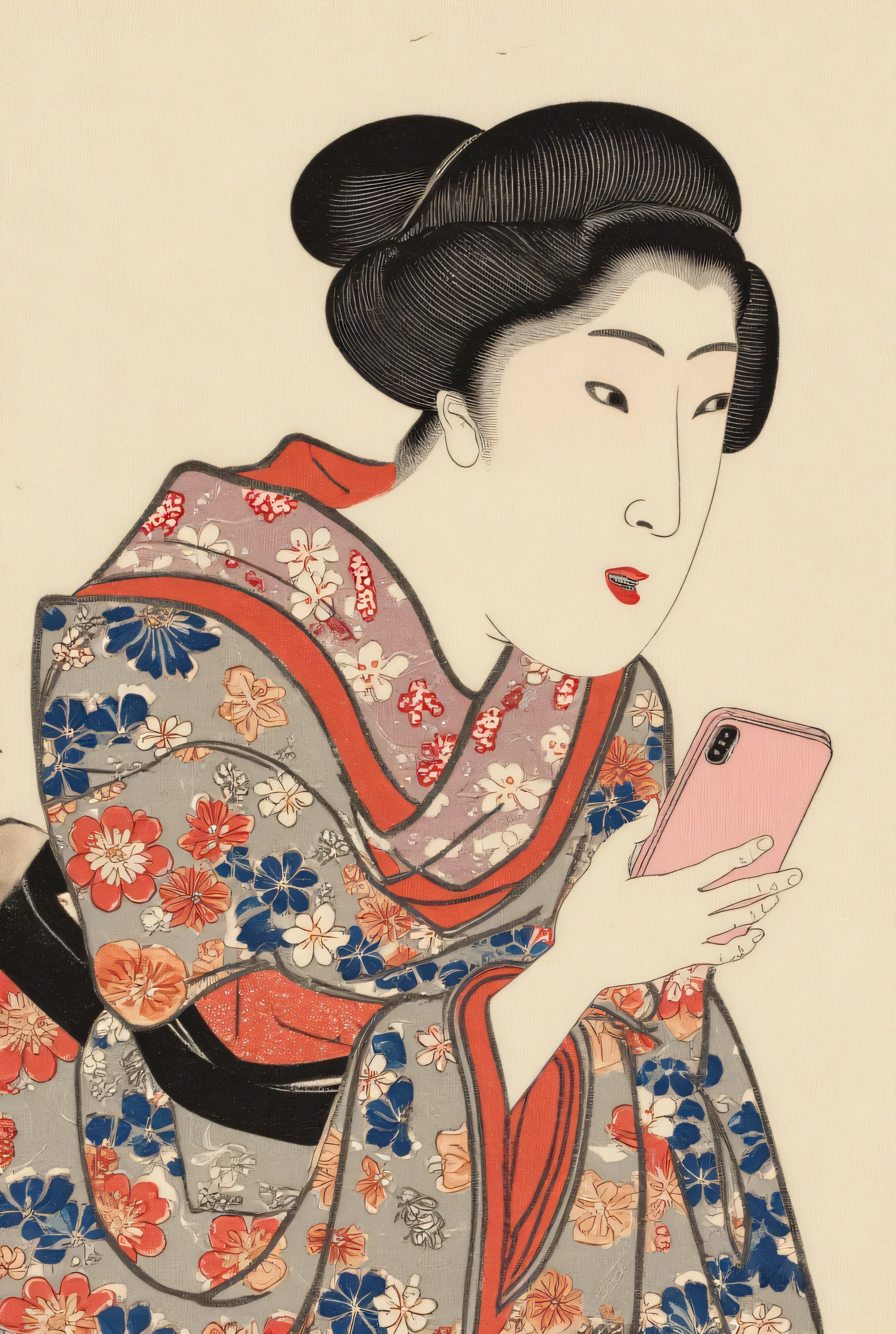 Ukiyo-e style, A maiko in a flashy kimono is looking at me with a pink iPhone, Geisha, Ukiyoe on Japanese paper , Mixed style of Sumi-e and Ukiyo-e , Contrast between details and blurring , Kimono, ArsMJStyle, Zen Ink Wash Sumi-e, tsukioka1 Japanese woodblock print ukiyo-e, upper body, half body photo.