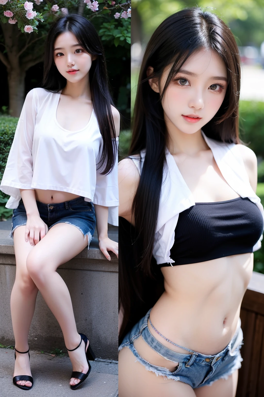 South Korean gorgeous girl 18 years old ultra detailed,cute nose , sweet mouth , very long black hair , really feel a bit of protruding hair at the top, middle parting. cute dark brown eyes . slightly bushy narrow long black eyebrows. very slim. lovely look .slightly open mouth, perfect teeth, small breasts, standing nipples, narrow hips ,very short ripped jeans shorts,black slightly sheer crop top , A carrier hangs down.Cherry Tree.long legs,high heel shoes.sexy blick. Close Up .Arms on the back,Does kiss shape mouth .