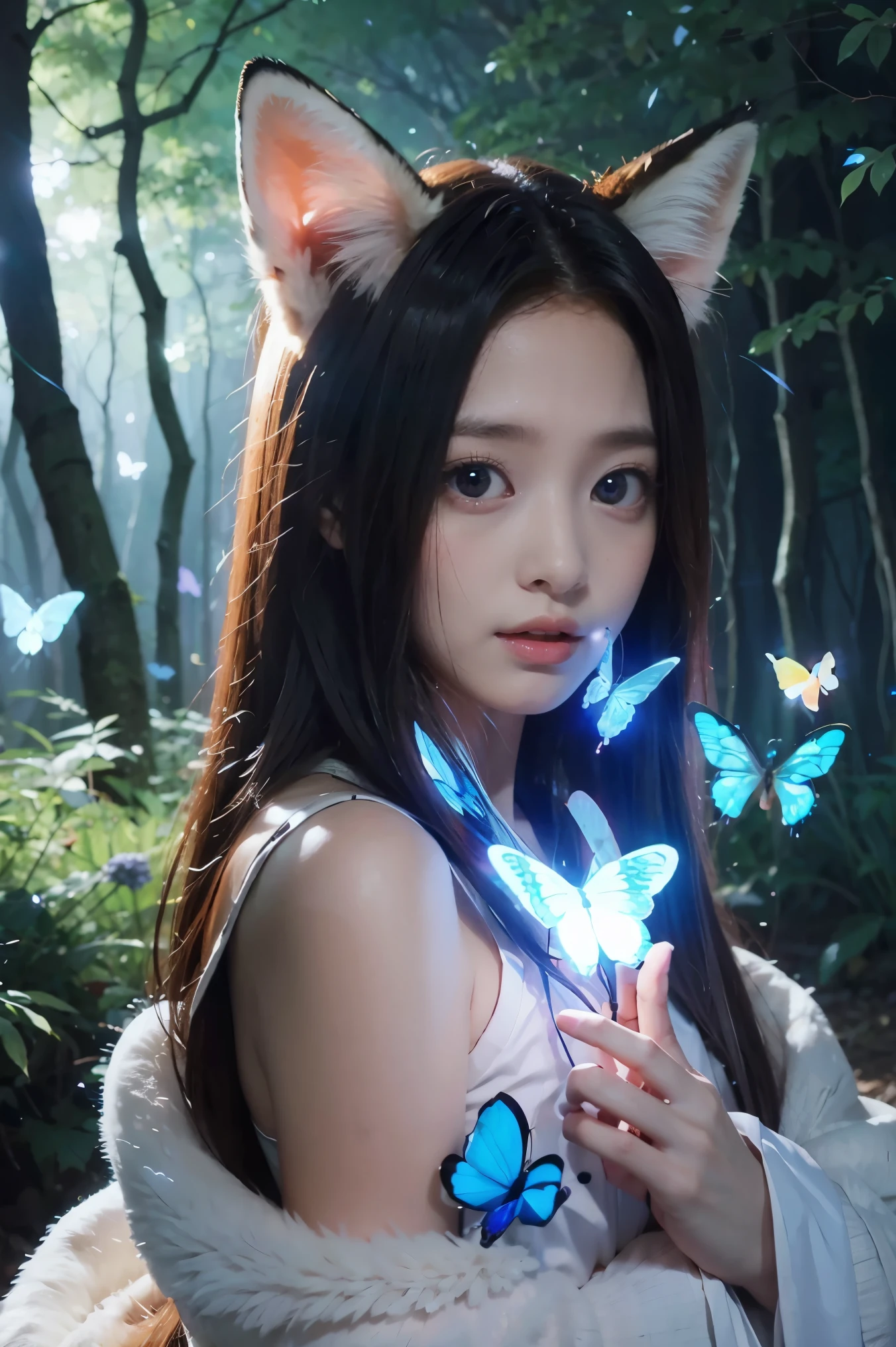 A highly detailed, ethereal and glowing blue-eyed baby fox spirit, surrounded by glowing butterflies in a night time fantasy forest, realistic, extremely detailed