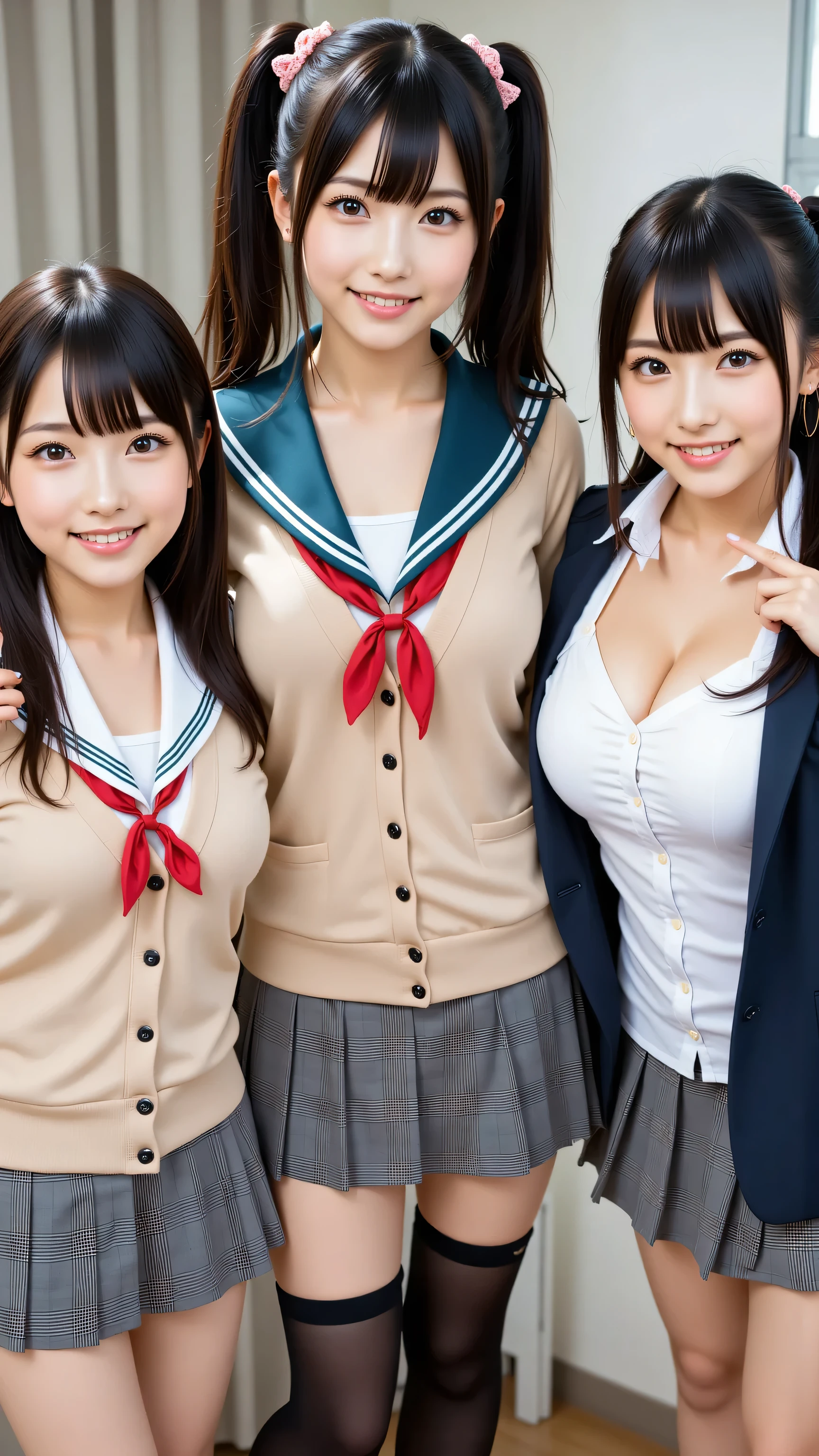 (5 girls:1.2), masterpiece, best quality, very aesthetic, absurdres, ultra detailed, UHD, 8K, highly detailed, newest, 5 girls with black hair styled in ponytails or wavy hair (hair between eyes:0.7), long sideburns and sidelocks, wearing aqua scrunchies (aqua scrunchie:1.0) and serafuku; they have large breasts and aqua tareme eyes; another group of 5 girls with long black hair, grey tareme eyes (tareme:0.6), wearing light beige cardigans with button gaps, red neck ribbons, grey plaid skirts, black pantyhose, and smiling; another group of 5 girls with blonde twintails and long hair, blue eyes, black ribbons, red diagonal-striped bows, blazers worn open over cardigans, plaid skirts, black thighhighs, smiling with open mouths or making a "V" gesture.