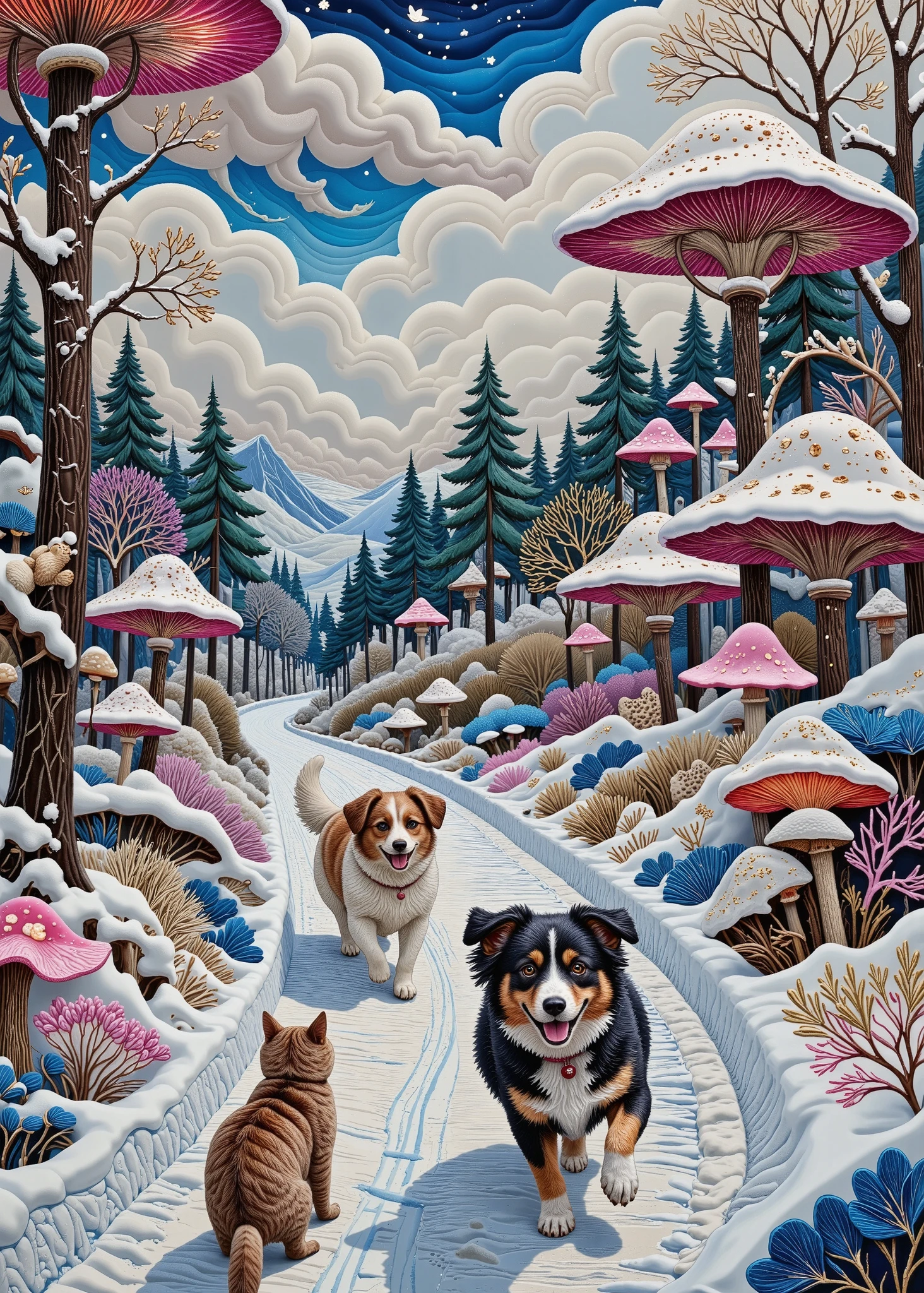  cute animal journeys , (cat,   I have 2 dogs running through the snow wearing cute adorable  , jugando en el   path of cotton clouds  :1.5),    very detailed faces and  ,   surrounded by bioluminescent mushrooms ,   path of cotton clouds  , ( envelope,   Masterpiece:1.2),  超 Hi-Res , (  by Nomi , photo  by Nomi , photo-  by Nomi :1.37),  Dark Fantasy, gothic, The conceptual  ,  digital art,  chiaroscuro,  cinematic lighting,  motion blur , Fuji Color,  chromatic aberration abuse, 4K, 8k,  Hi-Res, U Hi-Res, retina,  Masterpiece,  accurate, 解剖学的に accurate,  textured skin,  super detailed,  Advanced Details ,  high quality,    I arranged the   , 最 high quality,  Hi-Res, 1080P,  Hi-Res, 16k