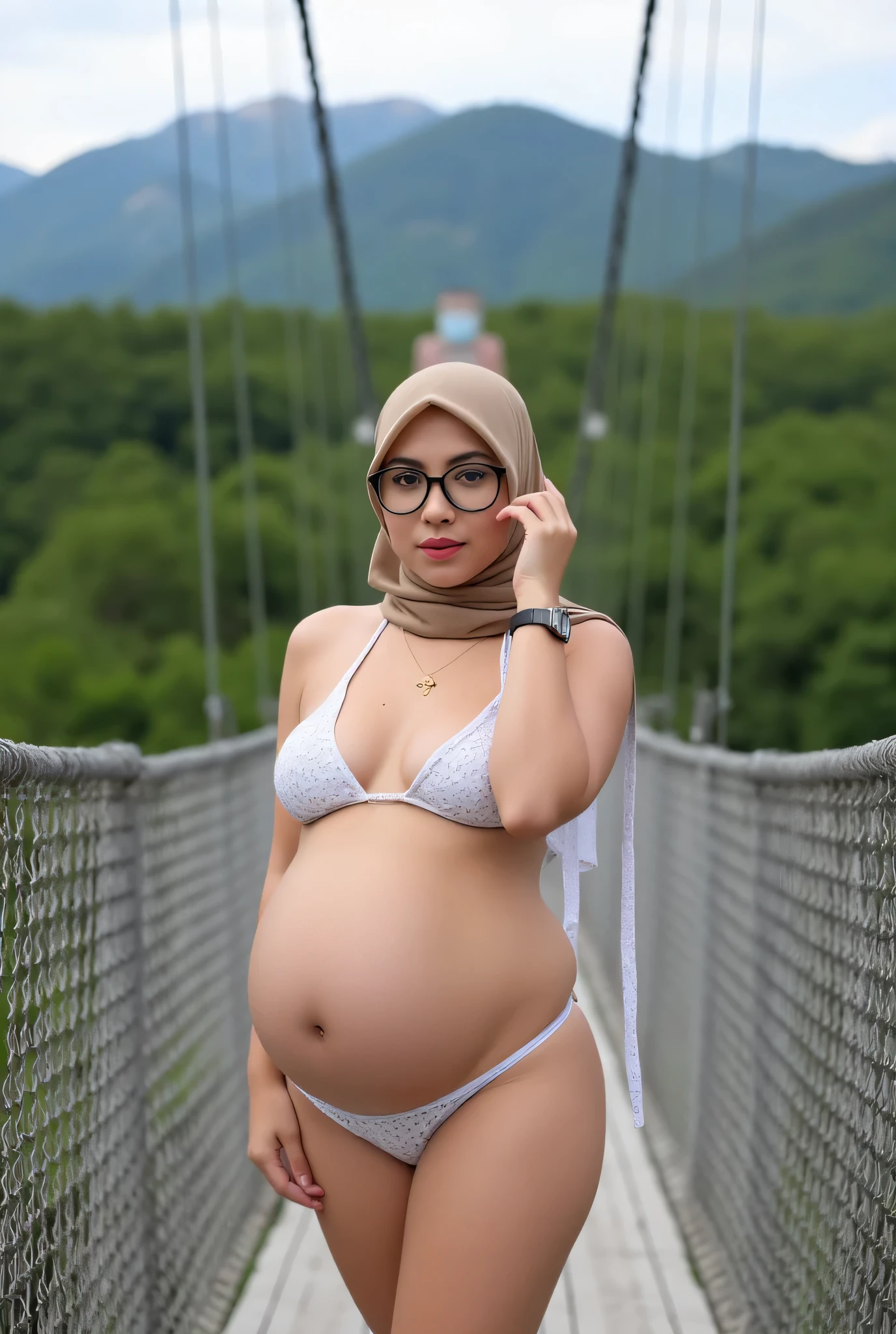 Beautiful Indonesian woman, wearing a hijab, wearing a necklace, big round oval glasses, small watch, tan skin, no make-up, wearing a white patterned bikini, weight 60kg, big waist, on a suspension bridge, forest and mountain views, 4K, HDR, high resolution.