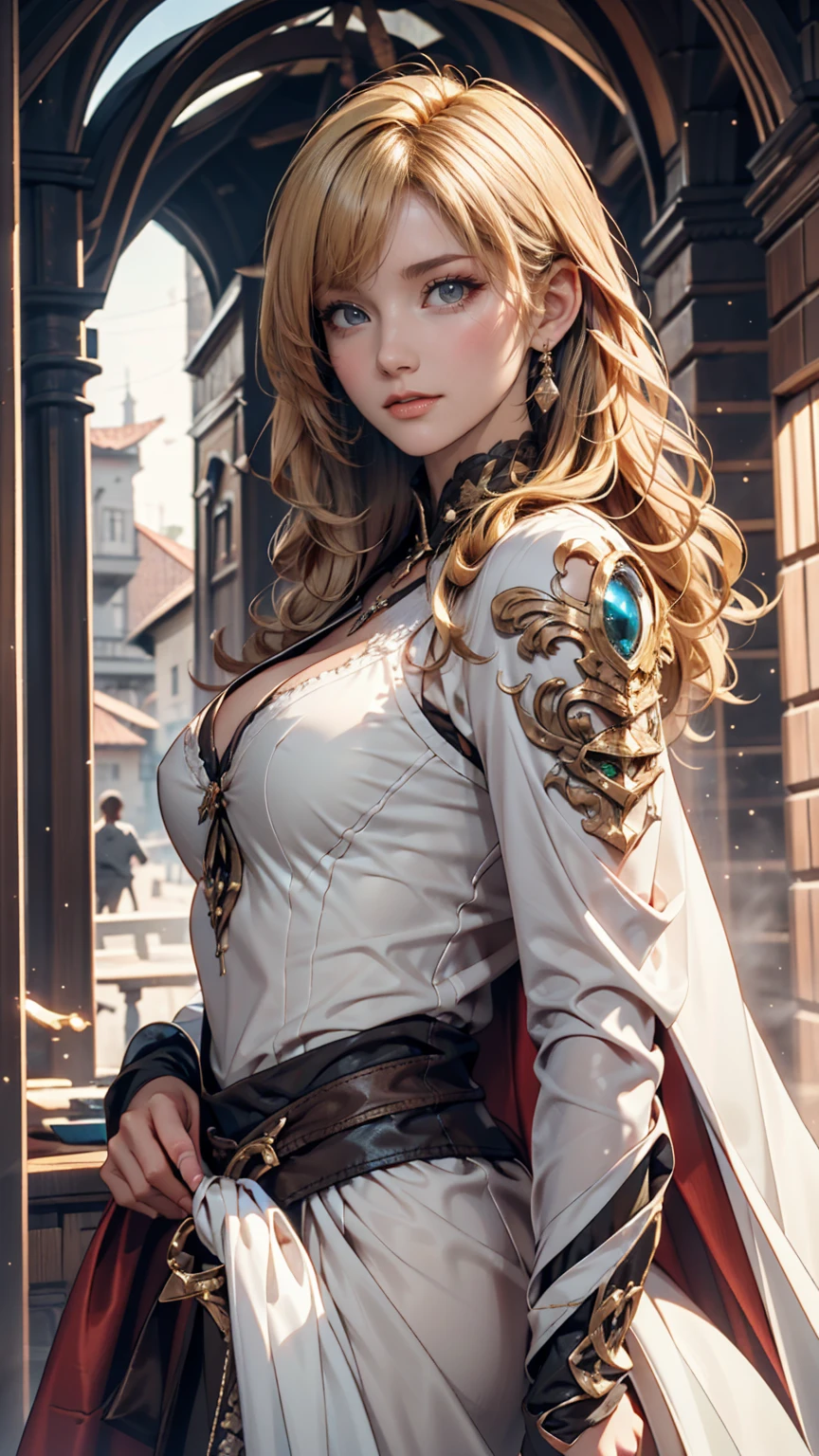 1 ultra hot gorgeous European woman, age 21, blonde hair, cleavage, futuristic environment, cyber treasure hunter, best quality, 8k, highres, masterpiece:1.2, ultra-detailed, realistic, photorealistic:1.37, HDR, UHD, studio lighting, ultra-fine painting, sharp focus, physically-based rendering, extreme detail description, professional, vivid colors, bokeh, concept art