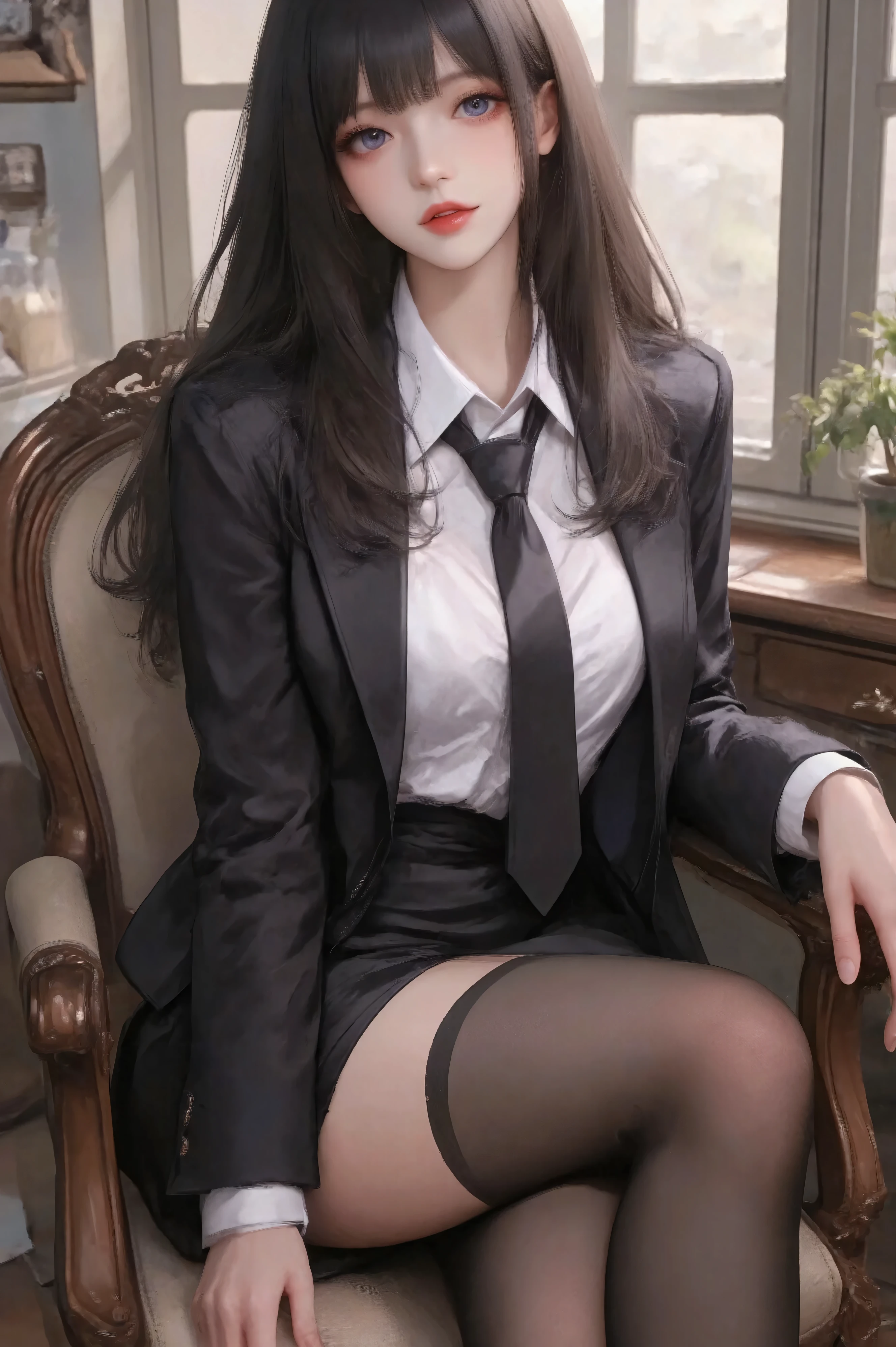  16k, nffsw, nffsw,  top quality,  masterpiece. (Cinematic digital art: 1.3),  high quality ,  masterpiece, Highest quality,  super detailed, illustration, [4k digital art]，(  sharp focus: 1.5), (Dim lighting :1.2), Depth of Field, Bokeh, 4K 、( masterpiece:1.3),   high resolution ,  Super Fine,  extremely fine CG Unity 8K wallpaper,  actual , Realism,  original photo,  Beautiful Detailed Face , pale,  Detailed Cloth Texture , Detailed hair textures,  Perfect Fit,  beautiful face,  anatomically correct ,  Highly detailed facial and skin, Natural neck length, ( Beautiful Hands ), ( fair skin:1.2), Thin legs, Thin feet, Detailed Characters、A detailed face、 detailed background ,Oval face， Air Bangs，Fairy half-length hairstyle，  looking at the camera ， purple eyes，white shirt jacket，black Sheath dress， black stockings ，whole body，Sit sideways in a chair,Bright red lipstick， red eyeshadow， dynamic pose