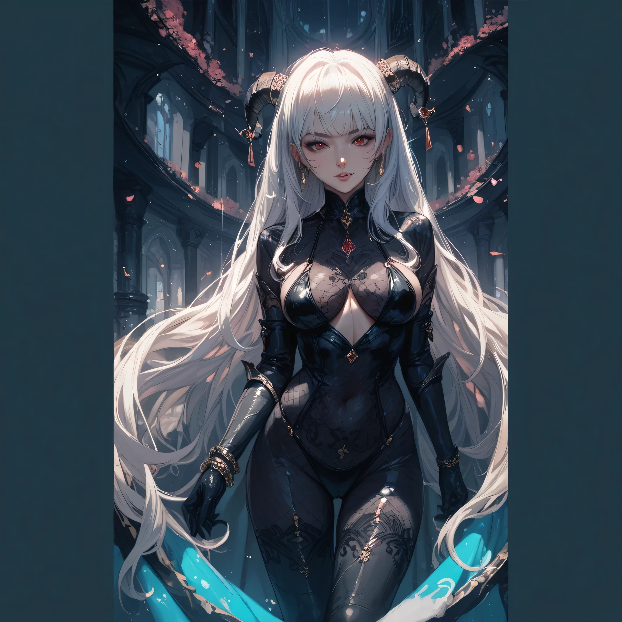 1girl!!! (solo), straight hair, long hair, light white hair, big breasts, small size, green eyes, very fair skin, serious face, sexy black tight kimono armor, deep neckline, blood on face, full body, night, dark cave, very sexy body, detailed face, highly detailed, 8k, best quality, masterpiece, vibrant colors, digital art, concept art