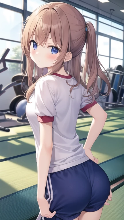 aizawatomomi,smile,1girl, soro, purple_eyes, brown_hair, twintails, long_hair, bangs, hair_ribbon,(white gym shirt, short sleeve,gym uniform,dark blue buruma:1.3), masterpiece,Noise Reduction,perfect anatomy,high resolution, ultra-detailed, ultra-detailed face,game cg,dutch angle ,beautiful detailed eyes,visualart,five fingers, perfect hands, perfect lighting, sparkling pupils,