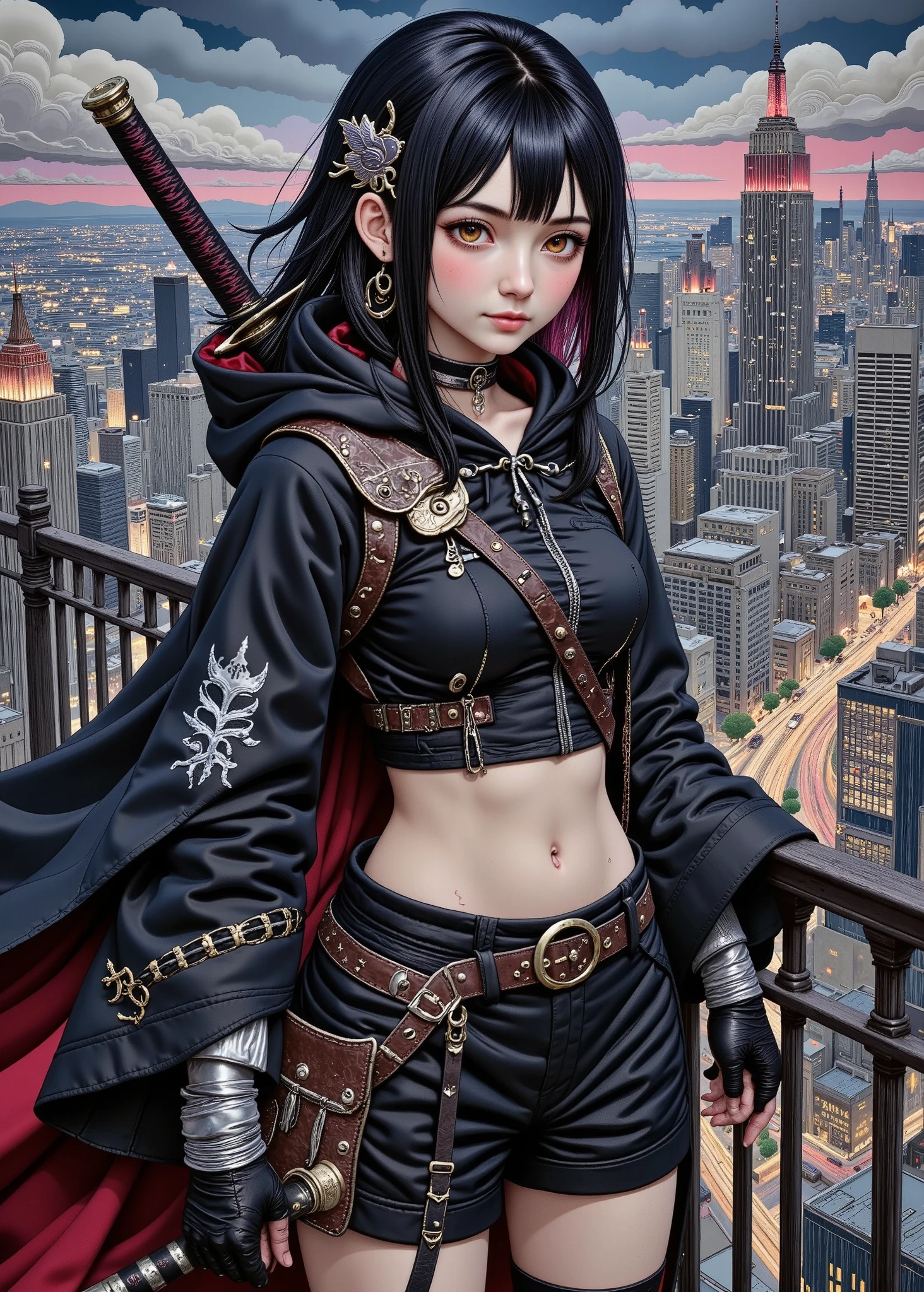 Super real full body photo , young girl ,身穿龐克風连帽 Knights Templar裝, I have a long Japanese sword that glows blue ,I can see my beautiful stomach 、I can see my legs in shorts 、 Knights Templar, With the night view of the big city in the background 、Dark Fantasy, gothic, The conceptual , digital art, chiaroscuro, cinematic lighting, motion blur , Fuji Color, chromatic aberration abuse, 4K, 8k, Hi-Res, U Hi-Res, retina, Masterpiece, accurate, 解剖学的に accurate, textured skin, super detailed, Advanced Details , high quality, I arranged the , 最 high quality, Hi-Res, 1080P, Hi-Res, 16k