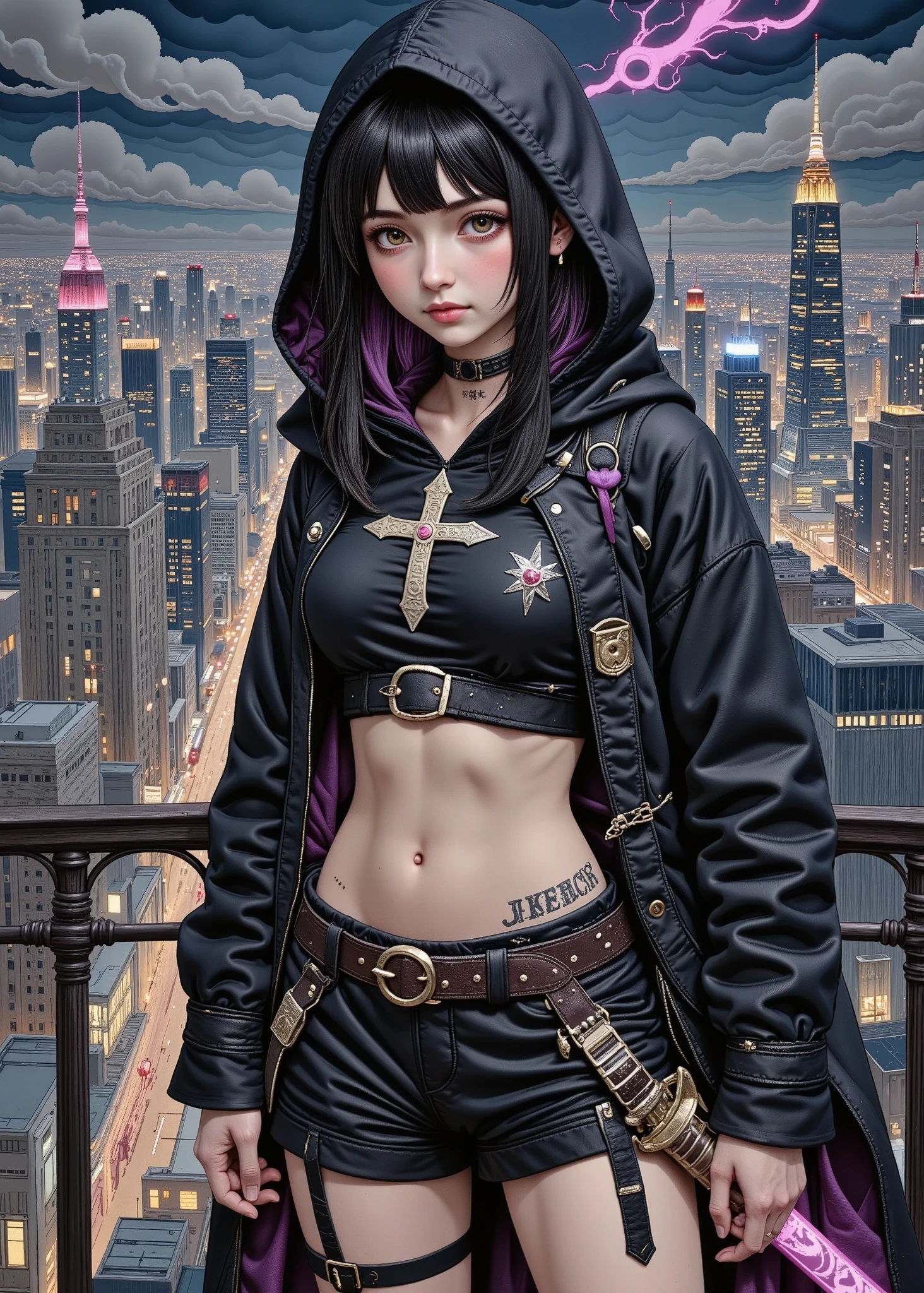 Super real full body photo , young girl ,身穿龐克風连帽 Knights Templar裝, I have a long Japanese sword that glows blue ,I can see my beautiful stomach 、I can see my legs in shorts 、 Knights Templar, With the night view of the big city in the background 、Dark Fantasy, gothic, The conceptual , digital art, chiaroscuro, cinematic lighting, motion blur , Fuji Color, chromatic aberration abuse, 4K, 8k, Hi-Res, U Hi-Res, retina, Masterpiece, accurate, 解剖学的に accurate, textured skin, super detailed, Advanced Details , high quality, I arranged the , 最 high quality, Hi-Res, 1080P, Hi-Res, 16k