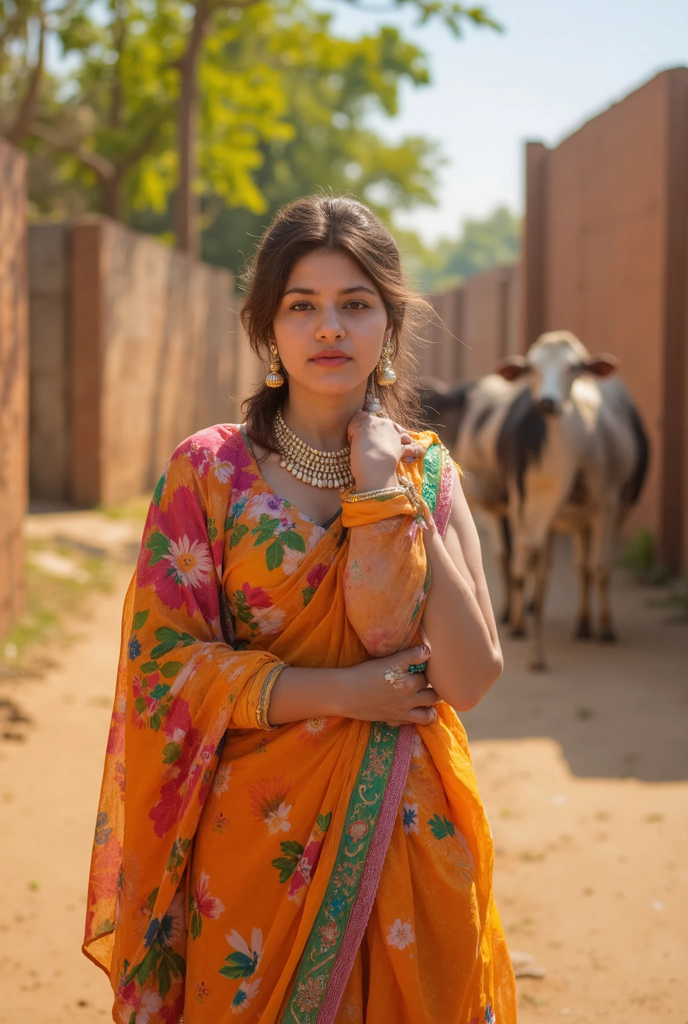 24 year girl in indian gujarat village not modern village rural vibe with cattles on road d