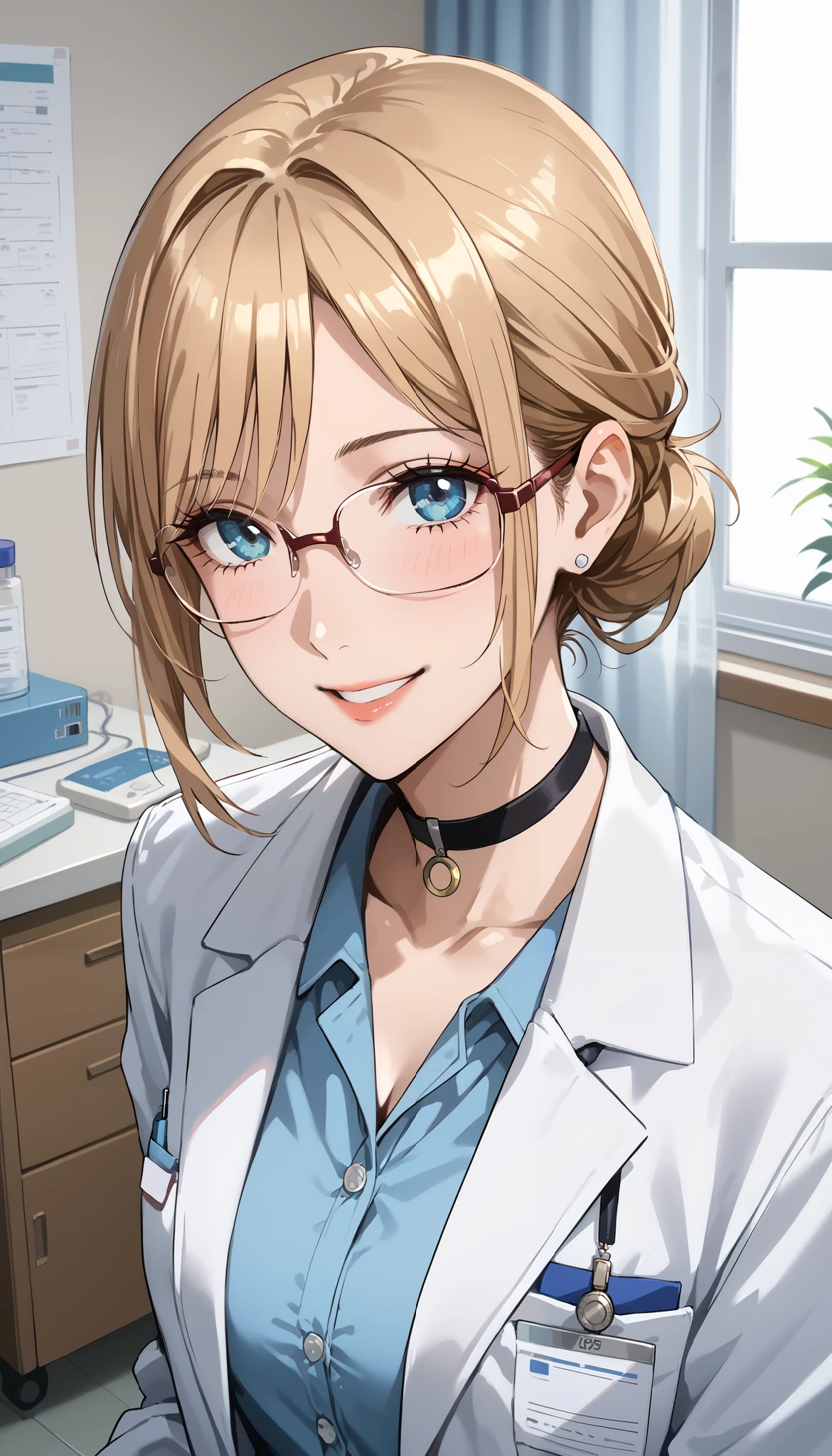 score_9, score_8_ up the side, score_7_ up the side, score_6_ up the side, score_5_ up the side, score_4_ up the side, source_Anime, tag1, tag2, quality_ Masterpiece, anatomically accurate , facial beauty, perfect face, very detailed and beautiful face and eyes, charming face , detailed face , gentle face, detailed skin, curvy, Vol up the sidetuous, wide hips, thighs, function, Mature Woman, medium boobs , full face reddening , small smile ,room, blonde hair, blue eyes, single hair bun, black rimmed glasses,, black choker, Blake Retingin _i doubt it, Watch Viewers , (Clinic Doctor , lab coats, Deep V Neck Shirt ), Chest, up the sideper body, from above