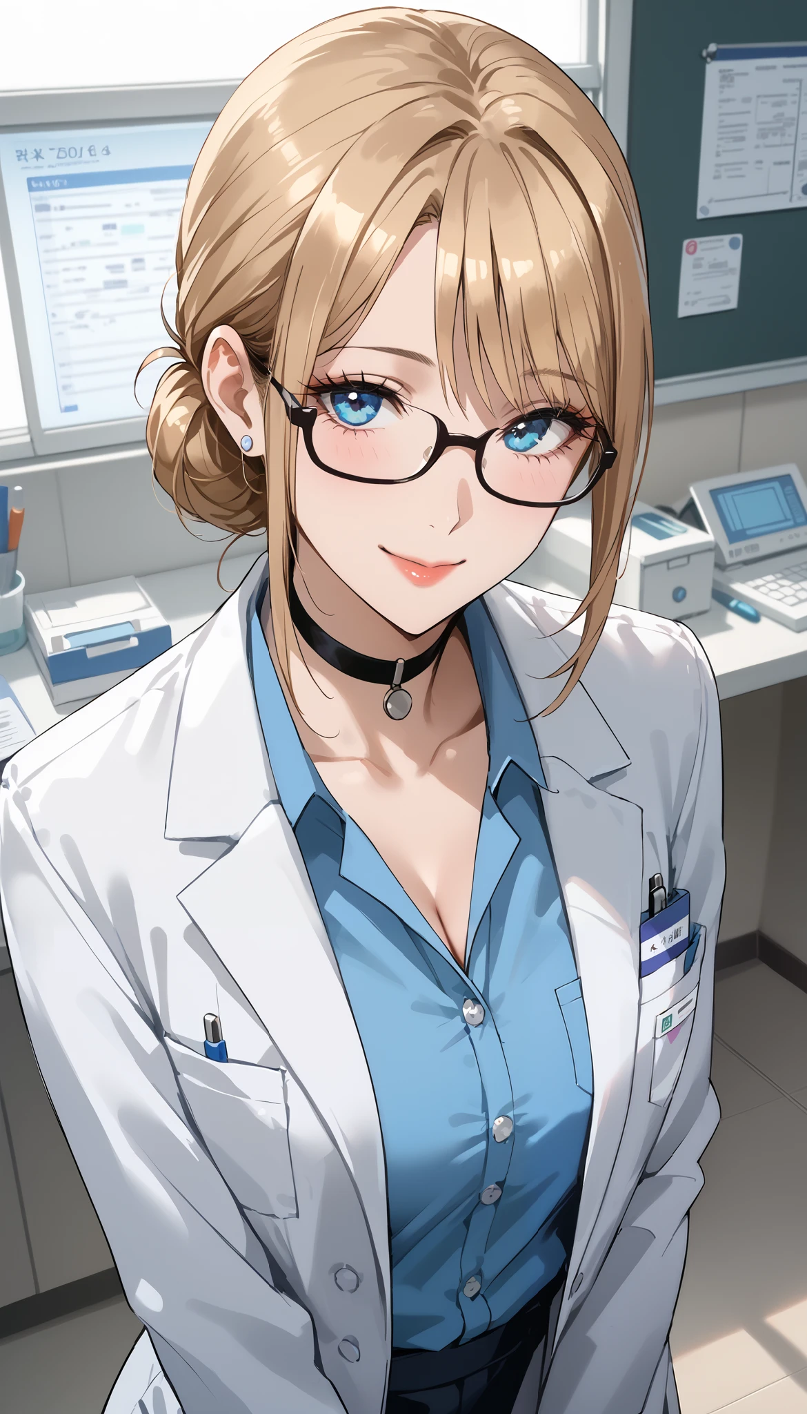 score_9, score_8_ up the side, score_7_ up the side, score_6_ up the side, score_5_ up the side, score_4_ up the side, source_Anime, tag1, tag2, quality_ Masterpiece, anatomically accurate , facial beauty, perfect face, very detailed and beautiful face and eyes, charming face , detailed face , gentle face, detailed skin, curvy, Vol up the sidetuous, wide hips, thighs, function, Mature Woman, medium boobs , full face reddening , small smile ,room, blonde hair, blue eyes, single hair bun, black rimmed glasses,, black choker, Blake Retingin _i doubt it, Watch Viewers , (Clinic Doctor , lab coats, Deep V Neck Shirt ), Chest, up the sideper body, from above