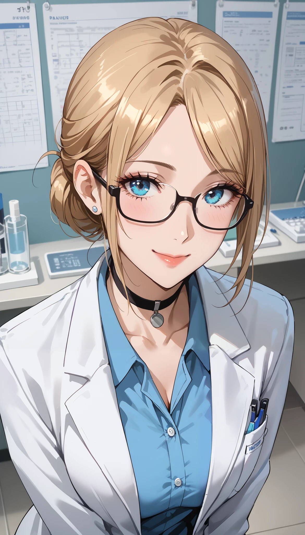 score_9, score_8_ up the side, score_7_ up the side, score_6_ up the side, score_5_ up the side, score_4_ up the side, source_Anime, tag1, tag2, quality_ Masterpiece, anatomically accurate , facial beauty, perfect face, very detailed and beautiful face and eyes, charming face , detailed face , gentle face, detailed skin, curvy, Vol up the sidetuous, wide hips, thighs, function, Mature Woman, medium boobs , full face reddening , small smile ,room, blonde hair, blue eyes, single hair bun, black rimmed glasses,, black choker, Blake Retingin _i doubt it, Watch Viewers , (Clinic Doctor , lab coats, Deep V Neck Shirt ), Chest, up the sideper body, from above