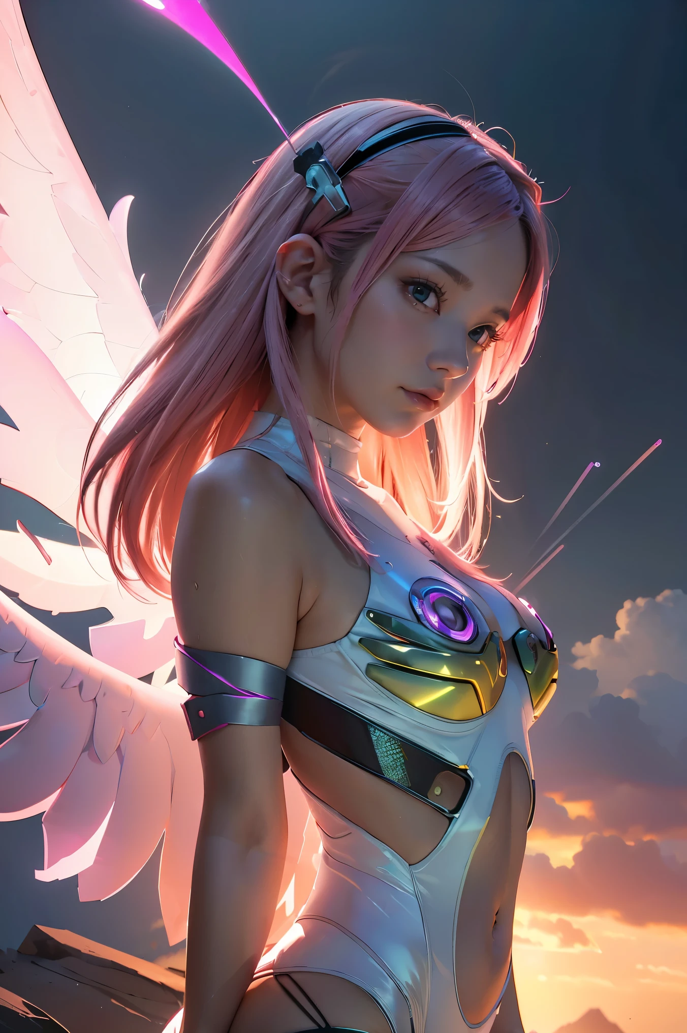 ((masterpiece, best quality, extremely detailed), volumetric lighting, ambient occlusion, colorful, glowing), 1girl, solo, young girl, (pink hair), long hair, halo, aura, sacred, godness, cyber suit, (white outfit:1.3), android, bot, angel wings, outdoors, sunset, sky, clouds, space, (cyberpunk theme:1.2),