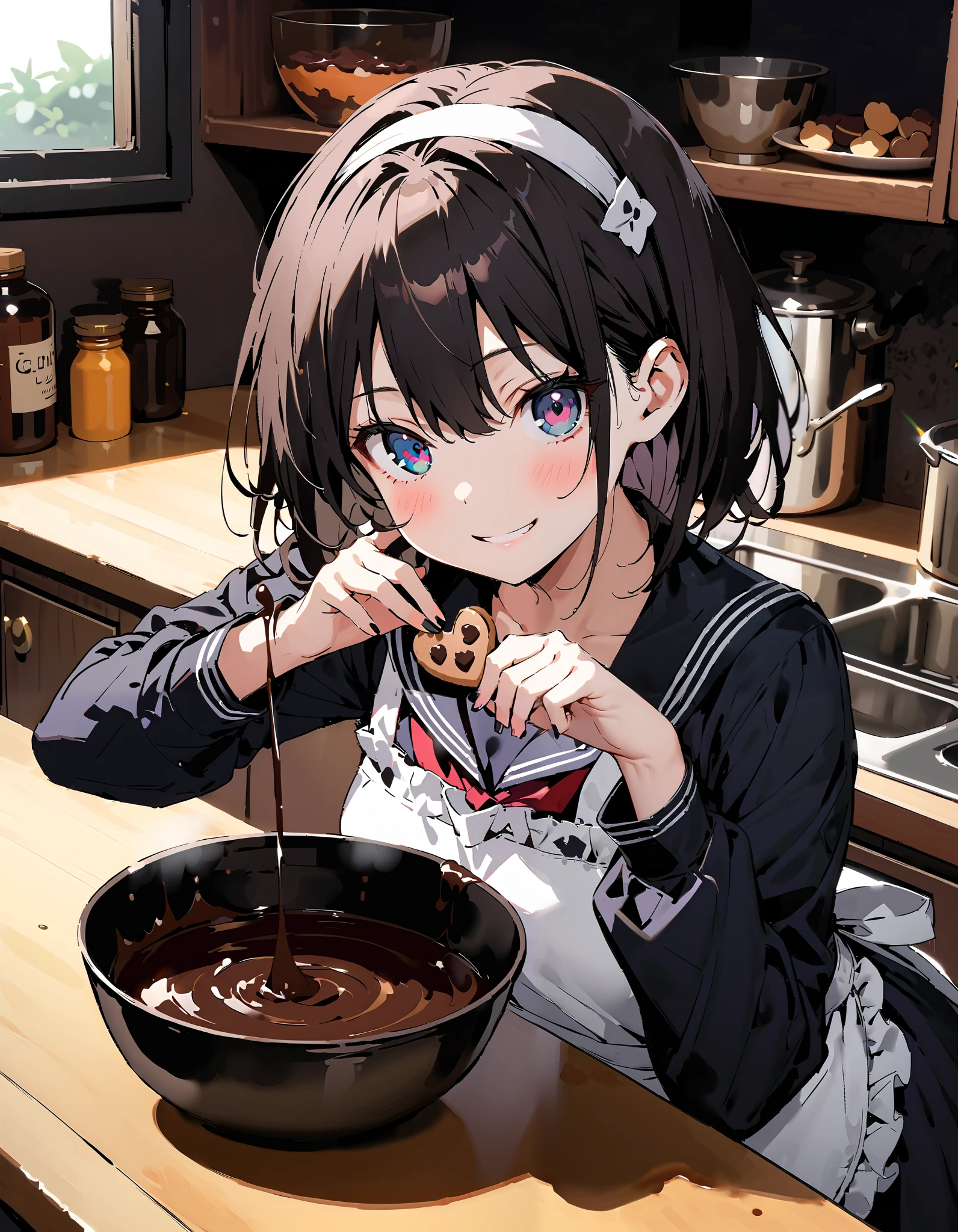 yuukikonno, Konno Yuuki, white headband , bob cut, black hair,black eyes,smile,blush, mouth,Black sailor suit, Long Sleeve, black mini skirt, black pantyhose, ruffle apron,Mixing melted chocolate in a bowl , heart-shaped cookie molds and chocolate treats on the countertop,whole bodyがイラストに入るように,
break indoors,  kitchen,
break looking at viewer,whole body,
break ( Masterpiece:1.2), top quality , kampala, Unity 8k Wallpaper,(shape:0.8),(  fine, beautiful eyes  :1.6),It's a person ,whole body写真,CG Details , ( perfect hands, Complete Anatomy),