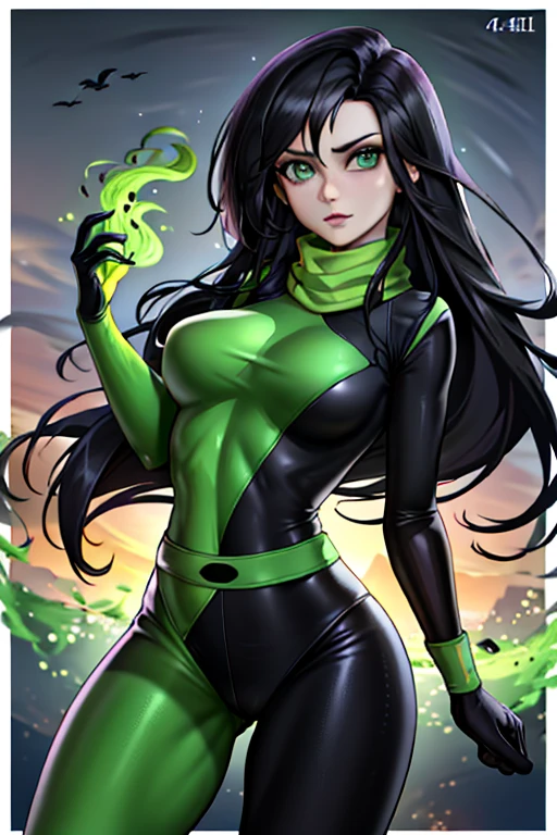 girl, beautiful, long black hair, olive skin, green domino mask, green and black bodysuit, black sleeves, black pants, white gloves, white boots, athletic physique, white emblem