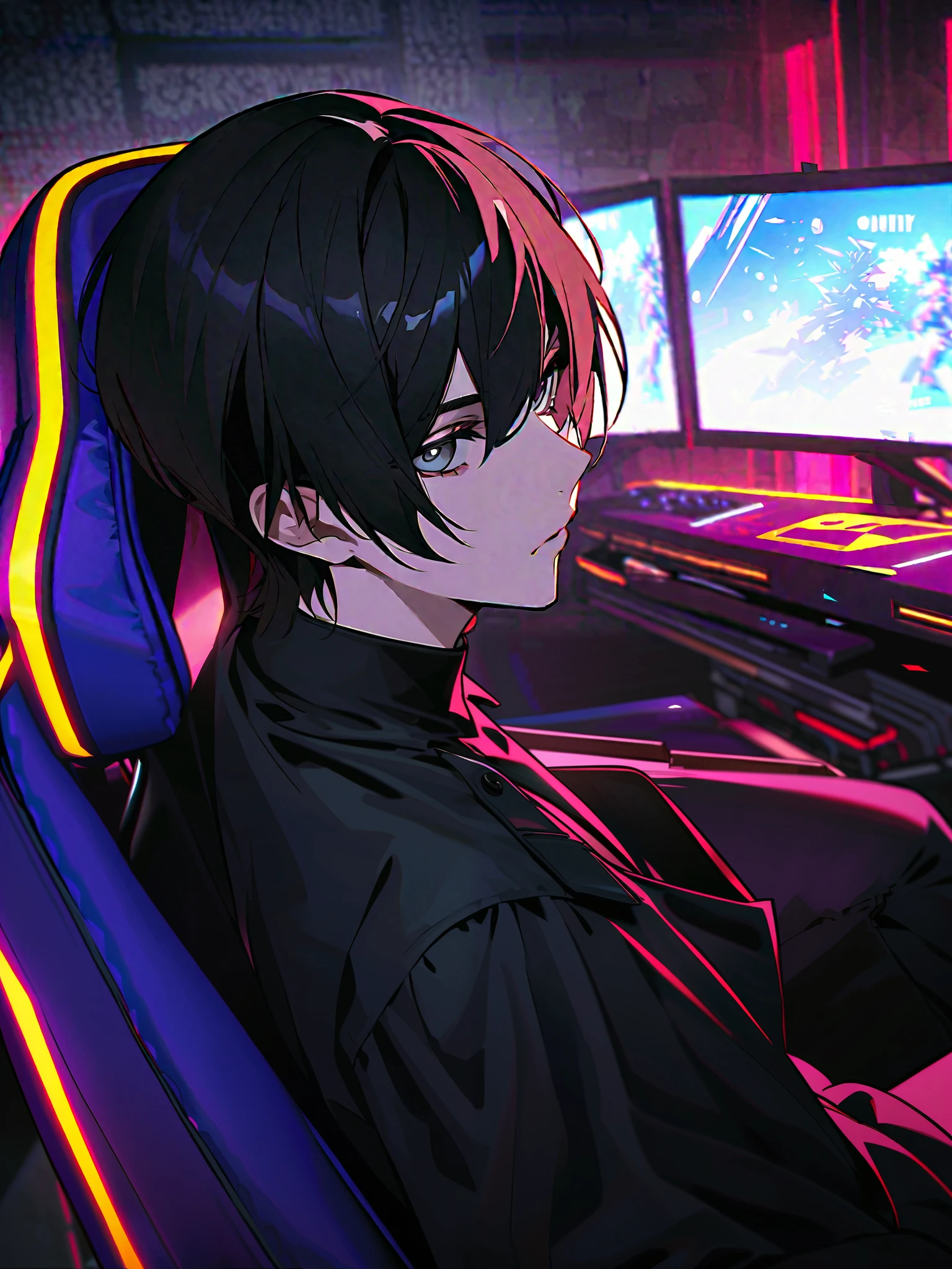  1 Man, Young man,男らShii,Fair skin, black hair,Rin々Shii, handsome, are cool,Black clothing,Short Hair,bangs,cool, expressionless, gray eyes,Black uniform, indoor, gaming chair , gaming chair に座っている,black gloves,  top quality,  Hi-Res,  Unity 8k Wallpaper, ( illustrations:0.8),( perfect eyes,  Complete Technique),