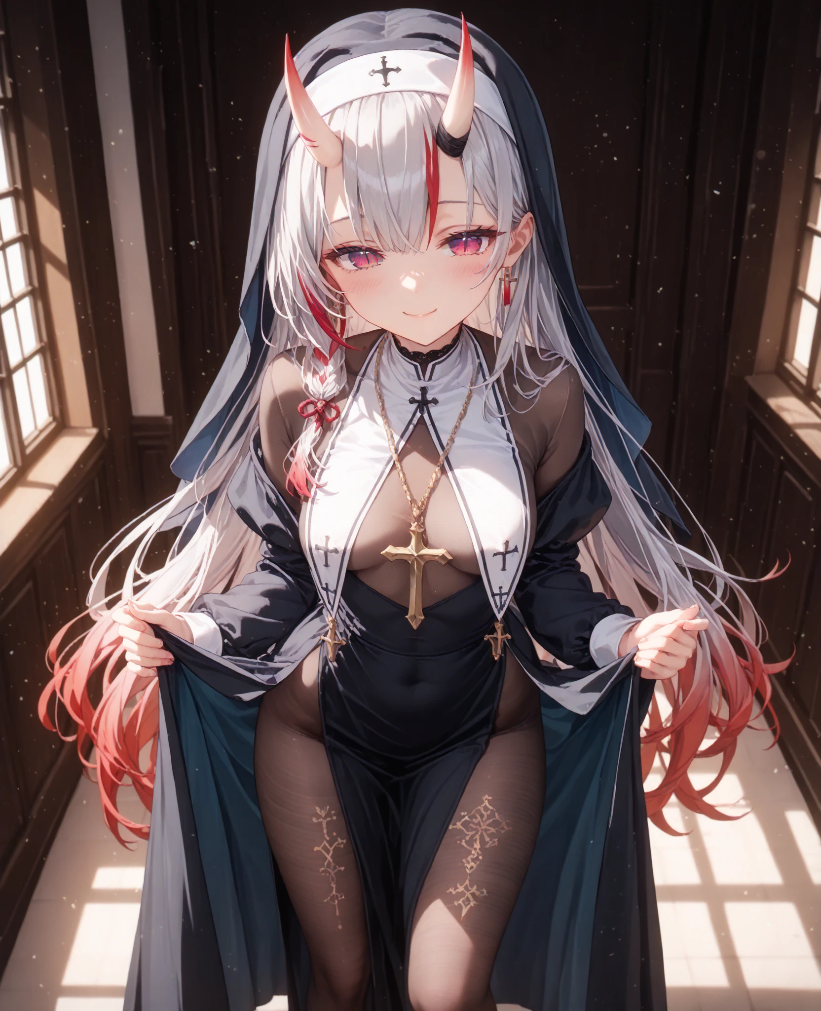 Silver hair twintails Big Breasts beautiful girl Black Lingerie Black garter belt Black knee socks nude Lewd Ahegao Black enamel Black high heels Black Bondage Climax Crimson Eyes Nipple piercing Intense sex