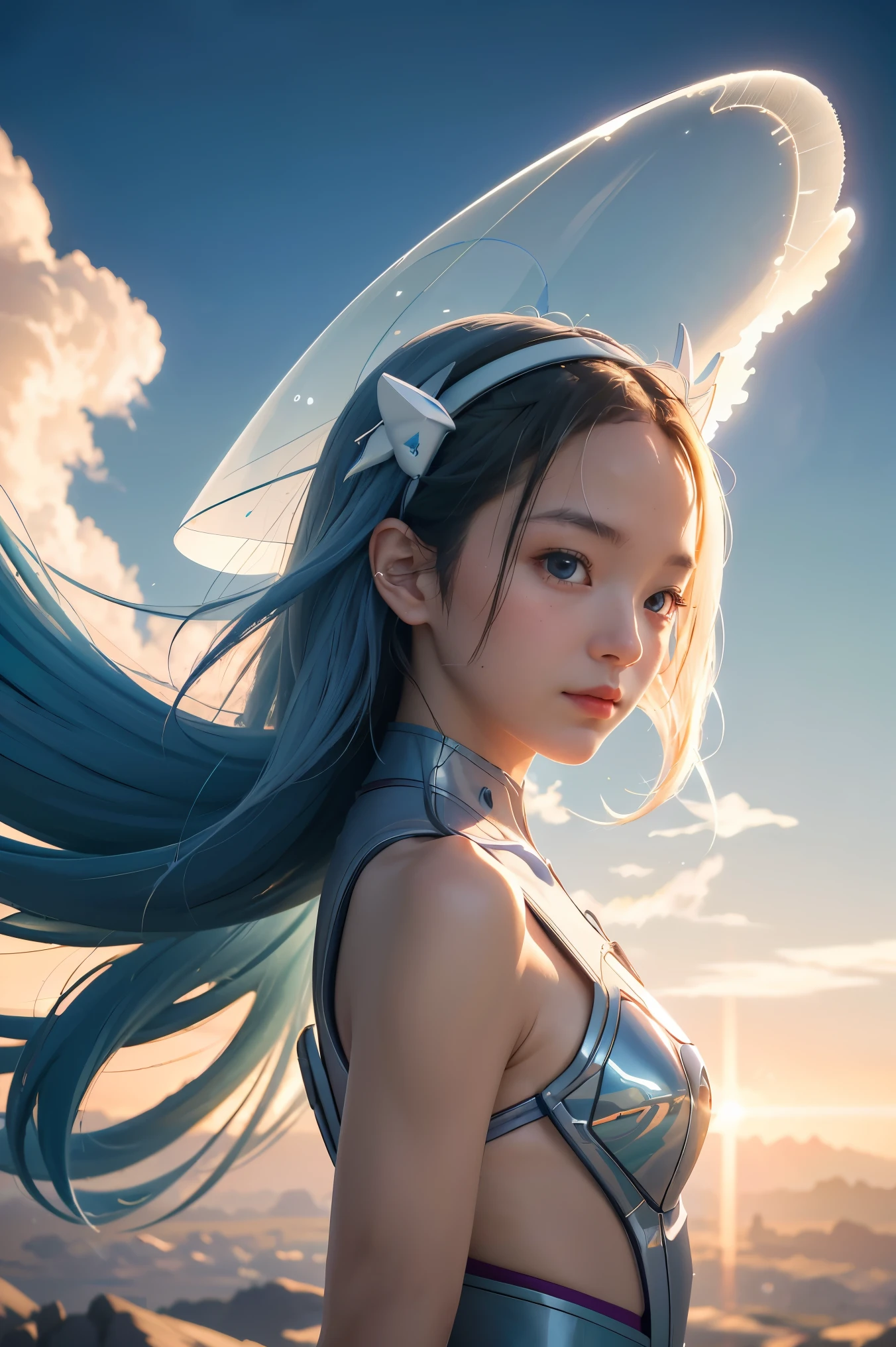 , sky, cloud, Translucent ethereal alien warrior,ModelShoot style, (Extremely detailed CG unified 8K wallpapers), The beauty of abstract stylization,,surrealism, 8K, Super detail, Best quality, Award-Awarded, Anatomically correct, 16k, Super detail