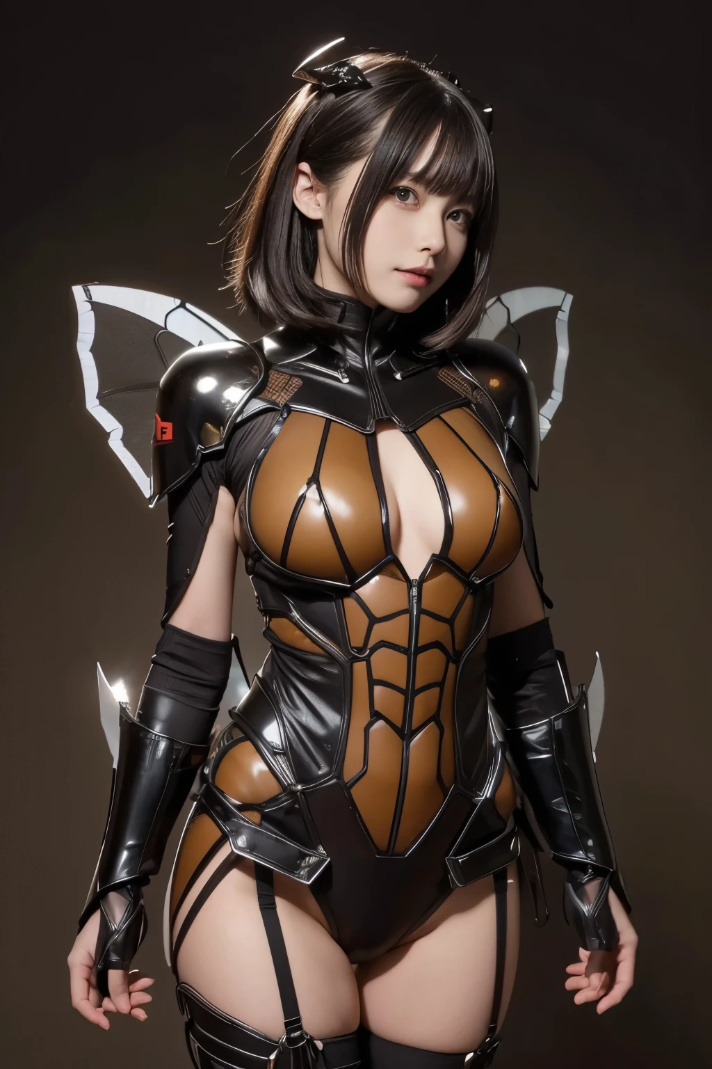 (High resolution,masterpiece,highest quality,Very detailed CG, anime, official art:1.4), realistic, photograph, amazing detail, all complicated, luster and luster,great many layers, 8k wallpaper, 3D, sketch, cute, figure,( alone:1.4), perfect female proportions,villain's daughter, (Fusion of dark brown cockroach and lady:1.4), (brown cockroach form lady:1.2), (brown cockroach woman:1.2), (Fusion:1.2), (alone:1.4), (evil smile:1.2), muscular, abs, (Cockroach brown exoskeleton bio insect suit:1.4), (Cockroach brown exoskeleton bio insect armor:1.2), (brown transparent cockroach feathers:1.4), (brown cockroach antenna:1.3),