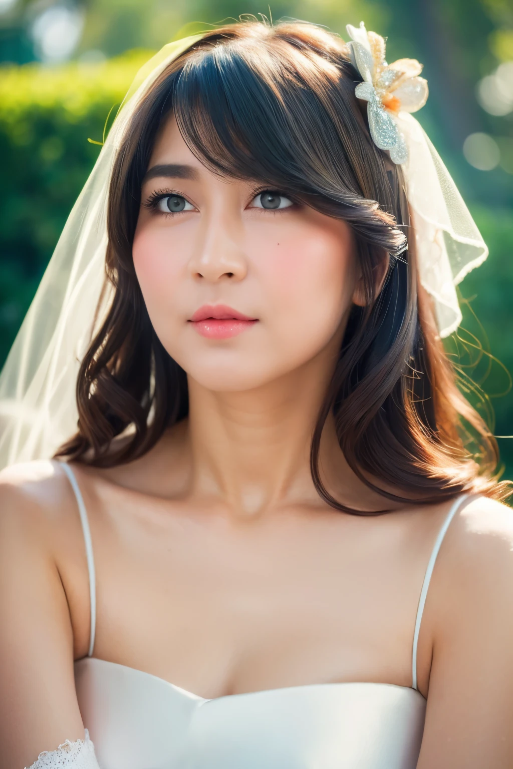 Blushing, (Light tulle sheer wedding dress, wedding veil, wedding dress, white gloves), chubby face, looking at camera, front view, black hair, long hair, bangs, (detailed face), at garden, tempting pose, potrait body, mouth closed, black eyes, 1 girl, 20yo,Young female,Beautiful Finger,Beautiful long legs, beautiful hips, Beautiful body, Beautiful Nose,Beautiful character design, perfect eyes, perfect face,expressive eyes,perfect balance, (looking at viewer), official art,extremely detailed CG unity 8k wallpaper, perfect lighting,Colorful, White skin, (masterpiece:1.0),(best_quality:1.0), ultra high res,4K,ultra-detailed, photography, 8K, HDR, highres, absurdres:1.2, Kodak portra 400, film grain, (vibrant_color:1.2),professional photograph, (Beautiful,medium_Breasts:1.4), (beautiful_face:1.5),(narrow_waist)