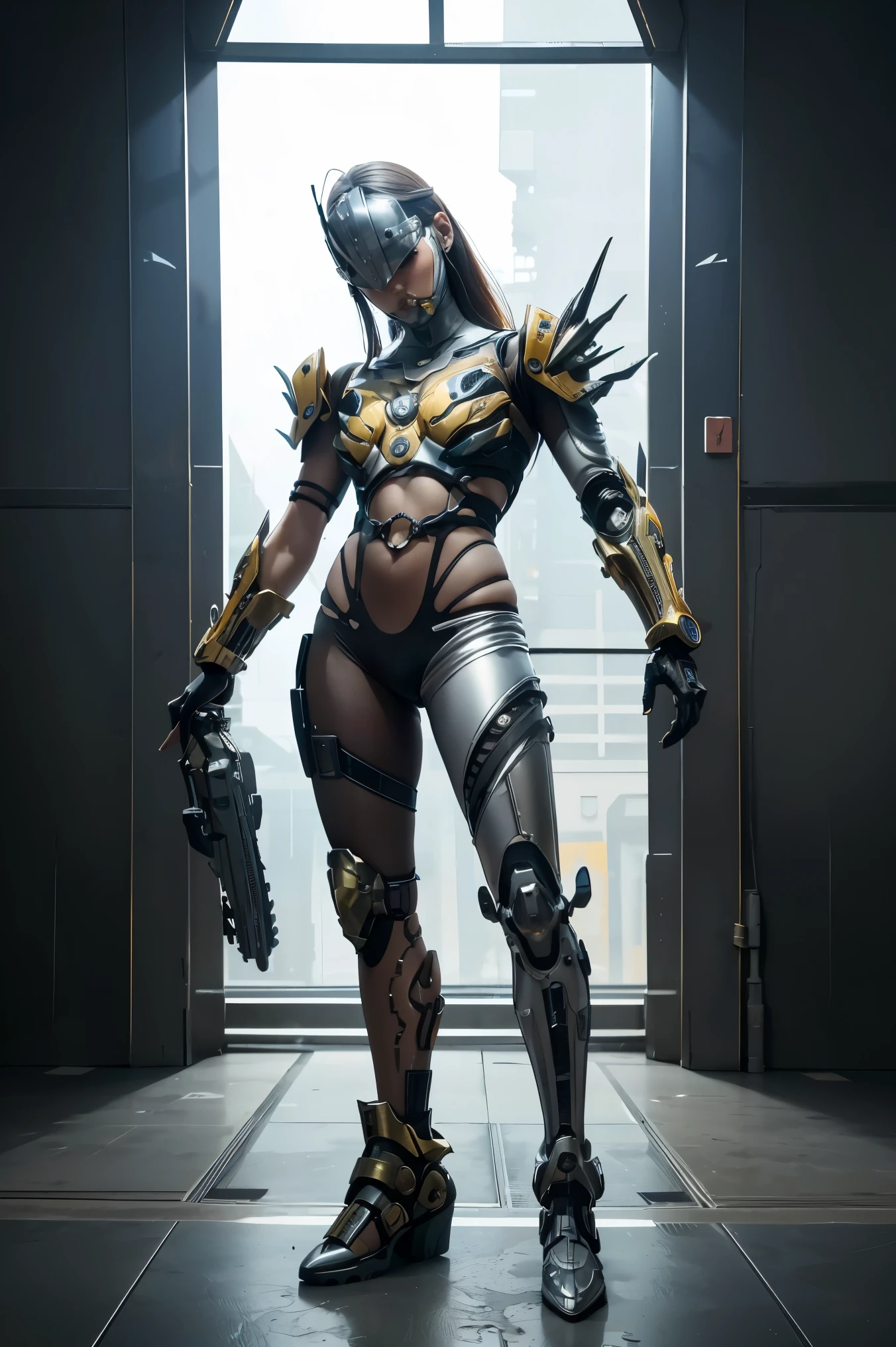 1girl, solo, wearing a mechanical suit, Mechanical wonder, Cyberpunk, Cybernetic Guardian, futuristic armor, full body, front pose, symmetry, intricate (steel metal [rust]), joints, warframe style, cyborg, male body and armor, Chainsaw Man 