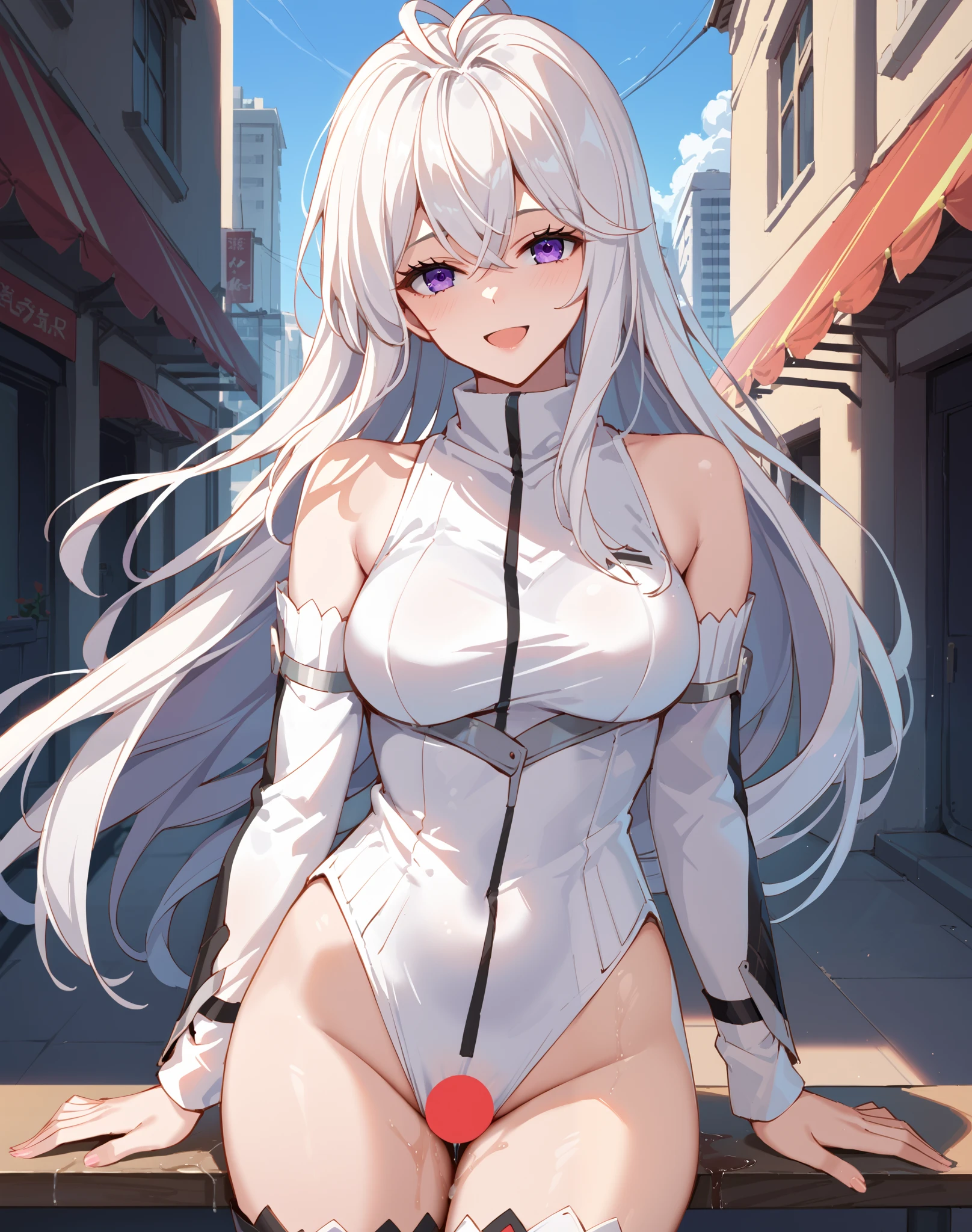 (masterpiece:1.2, Highest quality),(anime), -yeld giRed eyes,Smiling with mouth closed,Glowing silver hair,Light blue hair,Cropped bangs,Bangs,Long Hair,White tight dress,Small breasts,Black Stockings,Are standing,City of Bricks