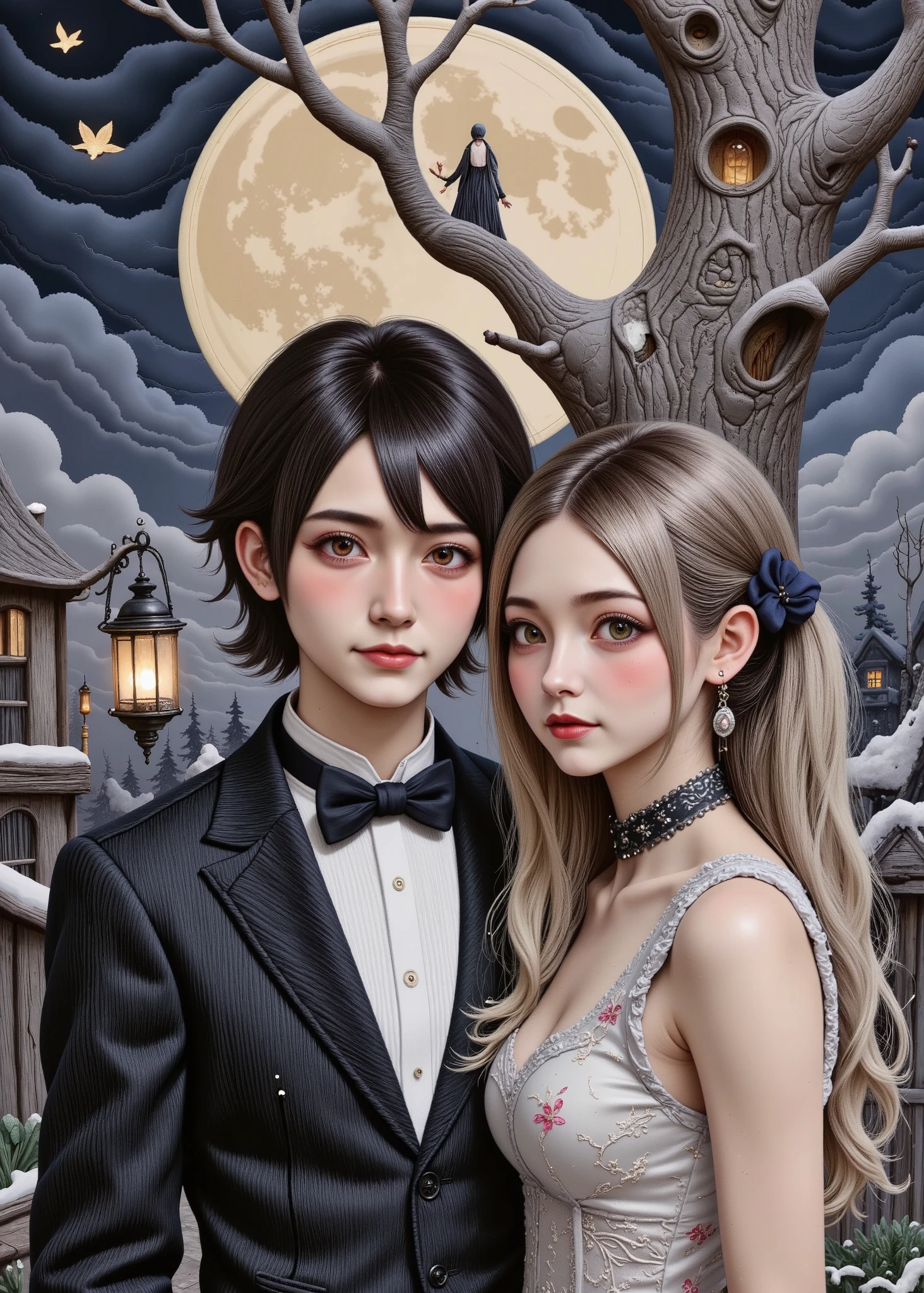 Realistic and authentic-oriented 、 texture 、 creating a retro vibe Jack and Sally create a retro vibe , Jack's short regent without losing black hair 、 Sally's twirling silver hair 、Jack's Brown Eyes 、Sally's green eyes like a bisque doll 、 Beautiful, spotless skin 、 recreates the essence of a Christmas nightmare , A lantern hangs from a large dead tree 、Moonlit Night
