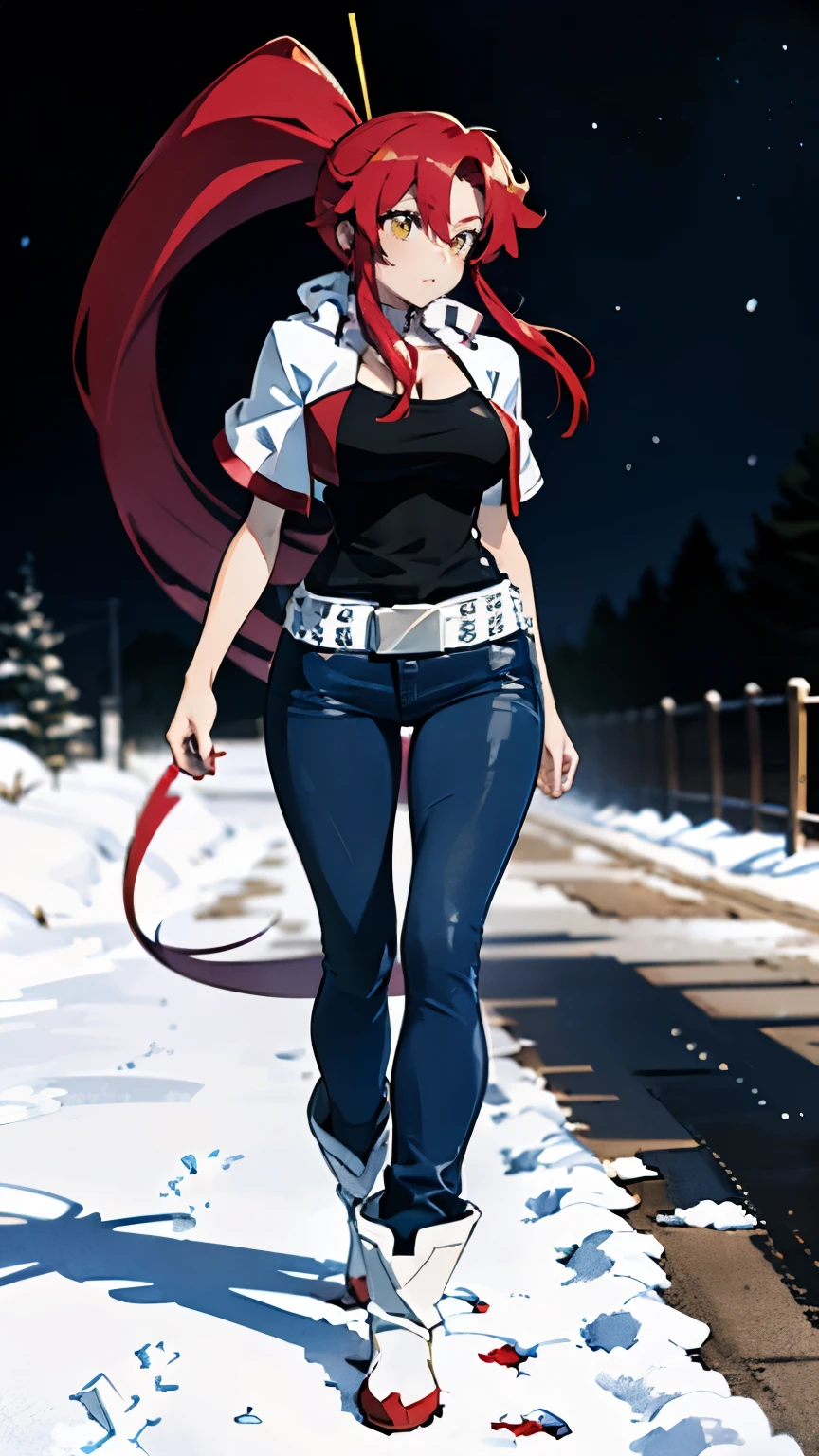 ((yl1,yokoli, 1 girl)), ((Alone)), Yoko Rittner, ((solo picture:1.5)), (safe for work version:1 5) (Detailed eyes, Eye Light), (Athletic Build), (anime style), (full body picture), (three quarter view:1.5), Grown-up face, Big Breasts:1.5, Shiny Skin:1.4, ((Long Hair, ponytail, Red Hair, Long Hair, Yellow Eyes)), Long Hair, denim jeans, wearing jeans, (blue jeans:1.5), belt, (heavy denim coat), (winter coat), perfect anatomy, (white boots), (walking through snow at night), starry night, clear night sky, snow on the ground, (dark background:1.5), (walking across picture:1.5), (pleased expression)