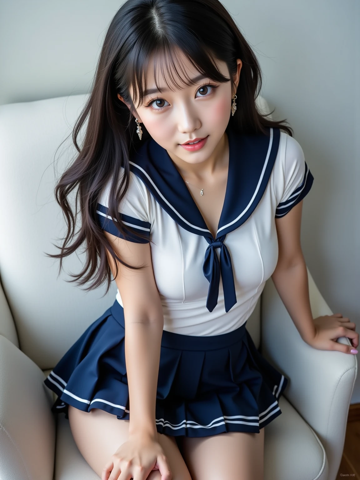 top-quality,ultra-detailliert,​masterpiece,realisitic,Photo Real,Bright lighting,((taken from the under)),二重まぶた、1 girl in, Very beautiful 12 year old girl, (kawaii:1.2),Thin smile,((lip gloss hair,Hair Band)),((a sailor suit)),((‎Classroom、sit a chair,Cross your legs))SF02 The molester&#39;s three fingers are inserted into her pussy that has been coated with a powerful aphrodisiac, and she closes her eyes as her face turns crimson to the point where even her ears seem abnormal.『feels good〜　more　more　Ikiso　orgasm　orgasm　I'll go〜』- She screamed and reached a fierce climax