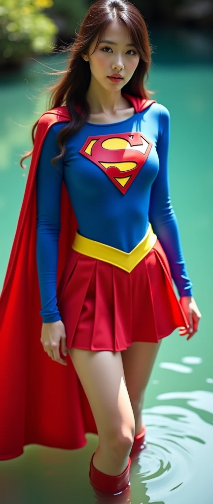 Female, Slim Super woman, comic book, super hero, Superman logo on cheat, blue and red super hero outfit, yellow skirt, strong legs