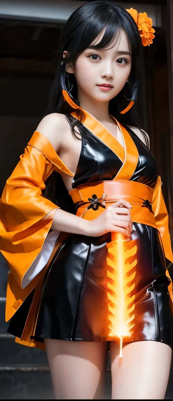 Pure Idol Girl ( Black Hair with Orange )、A pure girl's face、 hypo、Fancy Kimono Mini Dress (Fluorescent Orange)、、、、 Glowing Fire Sword、