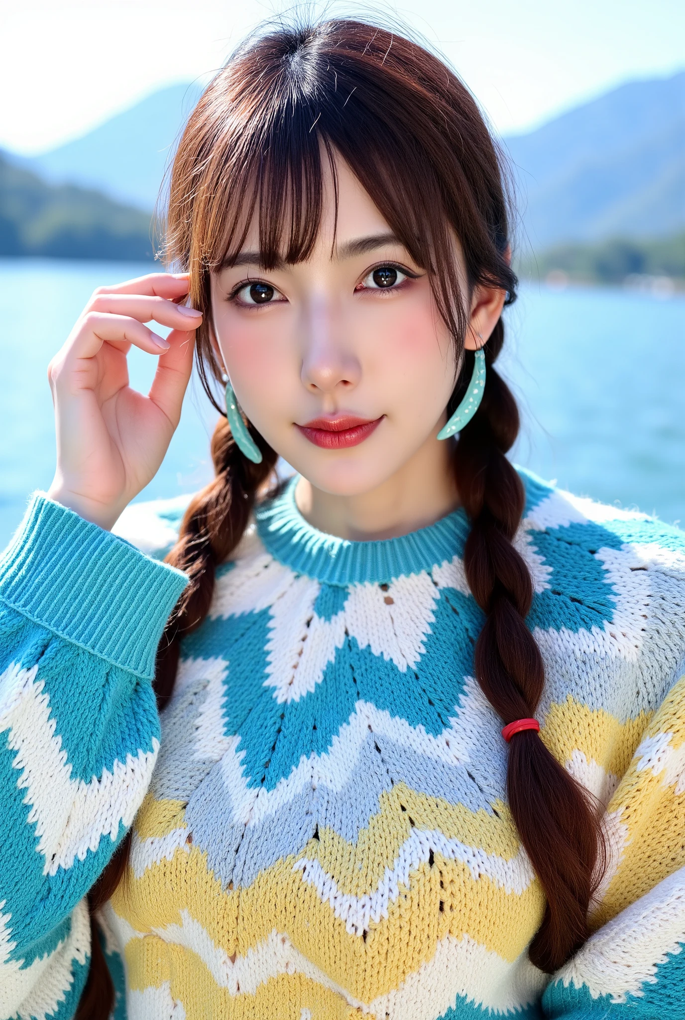 This is a high-resolution photograph of a young woman with East Asian features,captured outdoors under a clear blue sky. She has fair skin and is wearing a vibrant,multicolored,crocheted shawl with a zigzag pattern in shades of blue,white,and yellow. The shawl has a textured,knitted appearance. Her long,dark brown hair is styled in two braids,each with a thick,glossy texture. She is wearing large,blue,crescent-shaped earrings that stand out against her pale complexion. Her expression is neutral,with a slight hint of a smile. She is holding her hand up to her forehead,possibly to shield her eyes from the sun or adjust her hair.,In the background,there is a body of water,likely a lake or a river,with a clear blue hue reflecting the sky. Mountains can be seen in the distance,adding depth to the landscape. The overall scene suggests a serene,natural setting,possibly a lakeside or riverside picnic spot. The lighting is bright,indicating it is either early morning or late afternoon. The image captures a moment of tranquility and natural beauty.,