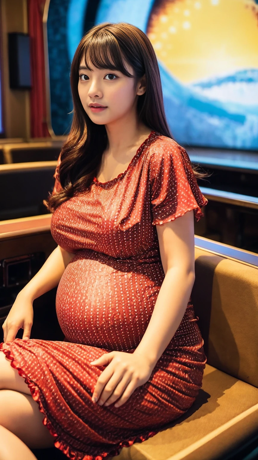 (Extremely detailed, underground parking, fine, slightly fat, ((pregnant)), busty, big breasts, big breasts, M cups, sexy, red crewneck dress, conservative, refined face, large aperture)