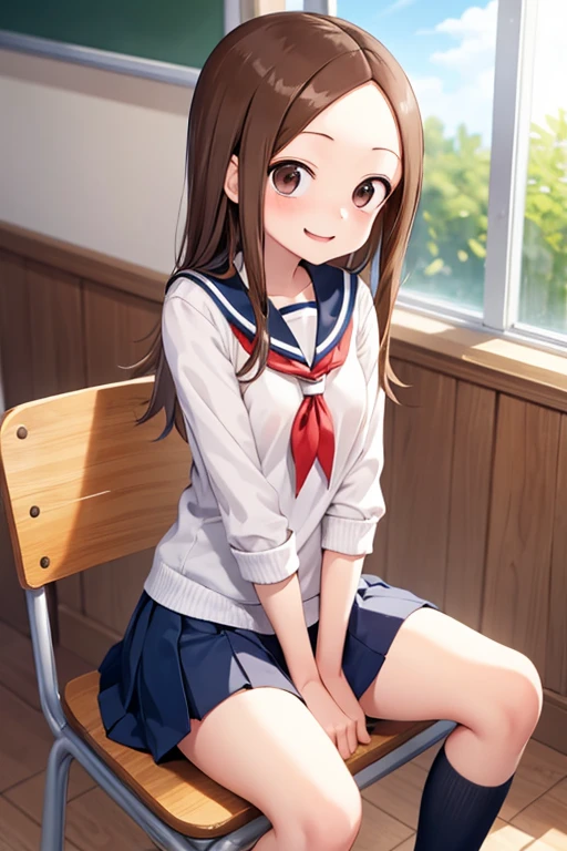 ((((Takagi Dogaku )))),kawaii,sitting in the chair,white serafuku,Skirt,Best quality,High quality,巨作,(Evil smile),black kneehighs,Loafers,Classroom,Light,Light blush,lookatthe viewer