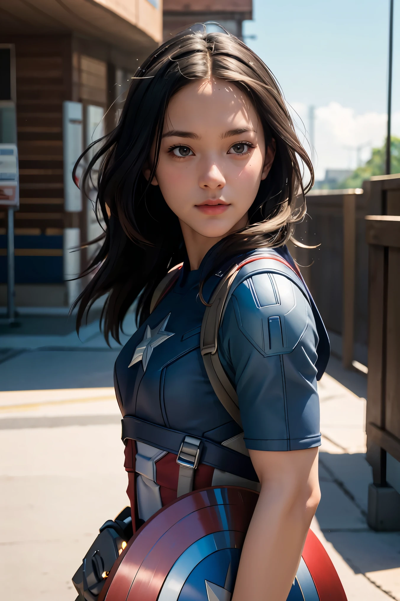 (raw photo:1.2), (photorealistic:1.4), 1girl as a Character Steve Rogers wearing Captain America's outfit, without the mask, very detailed eyes and face, beautiful detailed eyes, full body, 4k resolution, high quality model, high detail, high definition, light on the face, cinematic lighting  