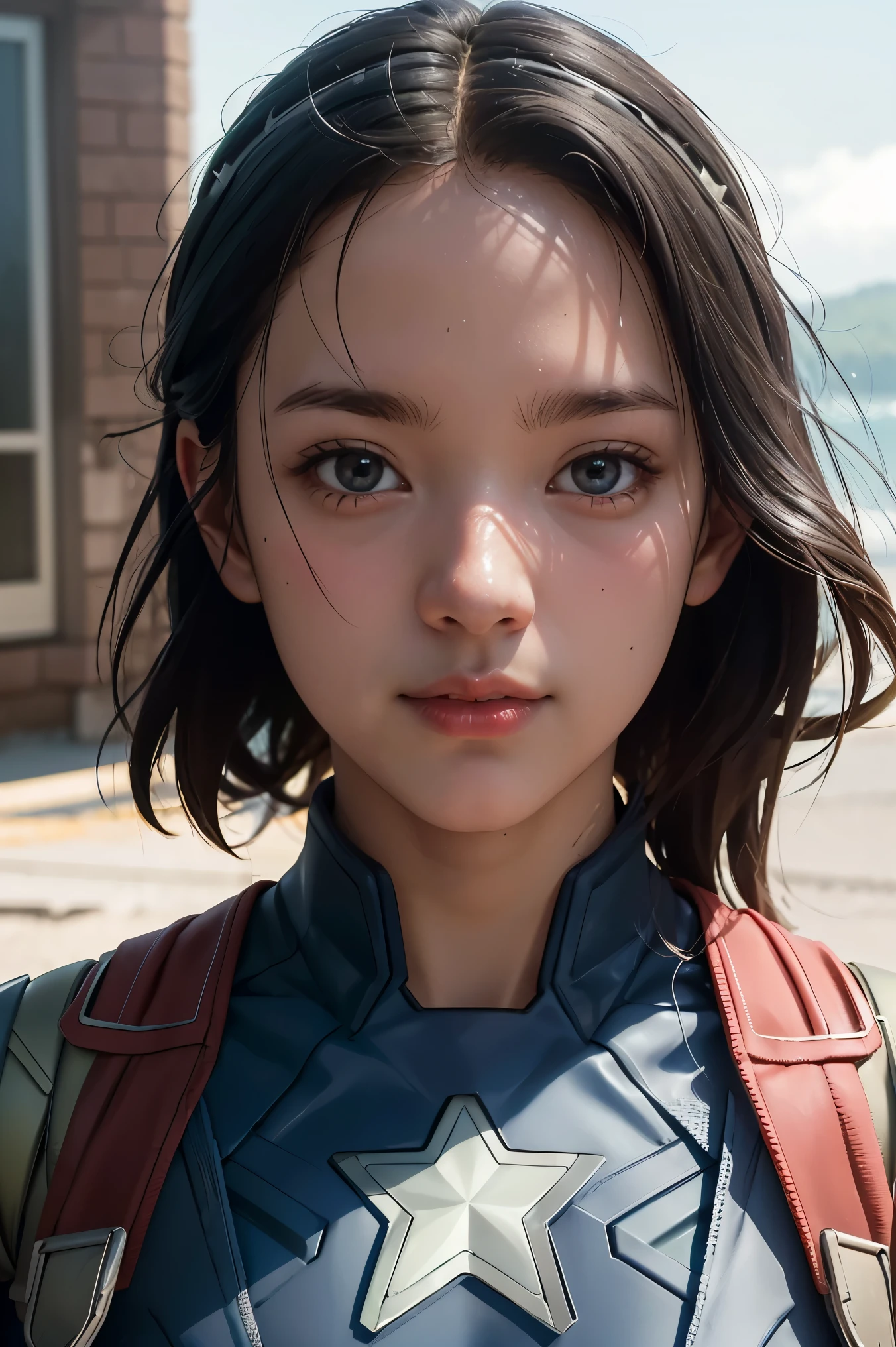 (raw photo:1.2), (photorealistic:1.4), 1girl as a Character Steve Rogers wearing Captain America's outfit, without the mask, very detailed eyes and face, beautiful detailed eyes, full body, 4k resolution, high quality model, high detail, high definition, light on the face, cinematic lighting  