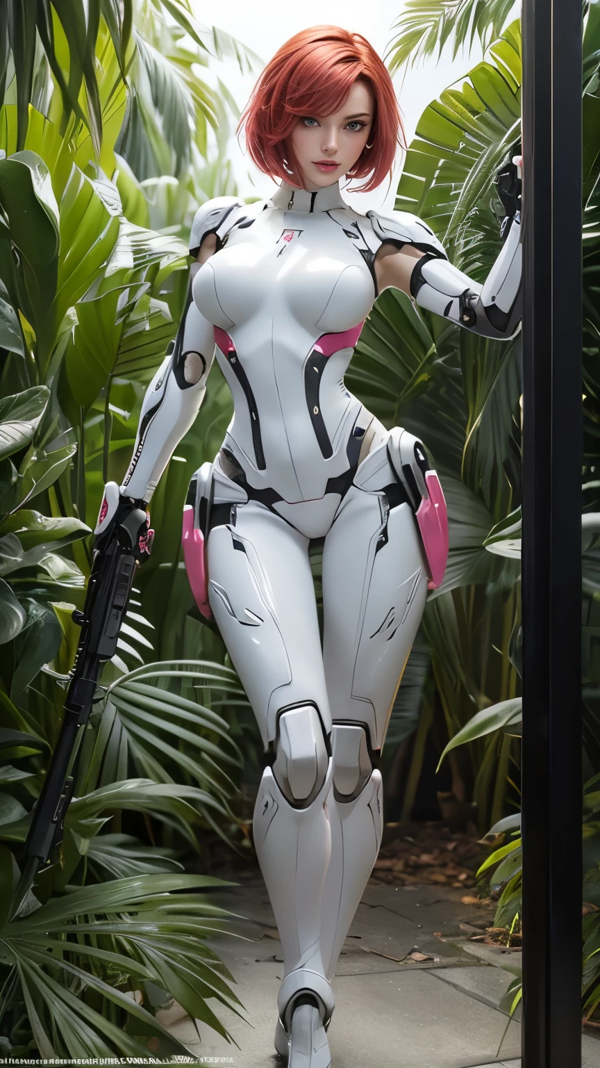very futuristic android woman. Female cyborg body, female body, biomechanics, extra detailed body, white stripe blowjob, white biomechanics details, detailed body, shiny white armor, cybernetic body, eva-00 unit on back, full body details, extraordinarily sexy, very expressive, seductive face, (full body: 1.2), (full body). She is standing seen in upper side foreshortening. She wields an AR15 assault machine gun with a futuristic X4 reflex sight in jungle camouflage pattern. The android woman is beautiful and radiant, strong, powerful, pale skin, fiery red hair cut in a bob style, layered, with bangs. Very expressive dark green eyes, long eyelashes, thick, wet, pink lips. She smiles menacingly and defiantly. her internal mechanisms can be seen, huge sagging breasts, very large breasts, narrow waist, normal hips, nice legs, nice thighs, (Posing seductively: 1.2), (Erotic pose: 1.2). Standing she looks at the camera intrigued and threatening