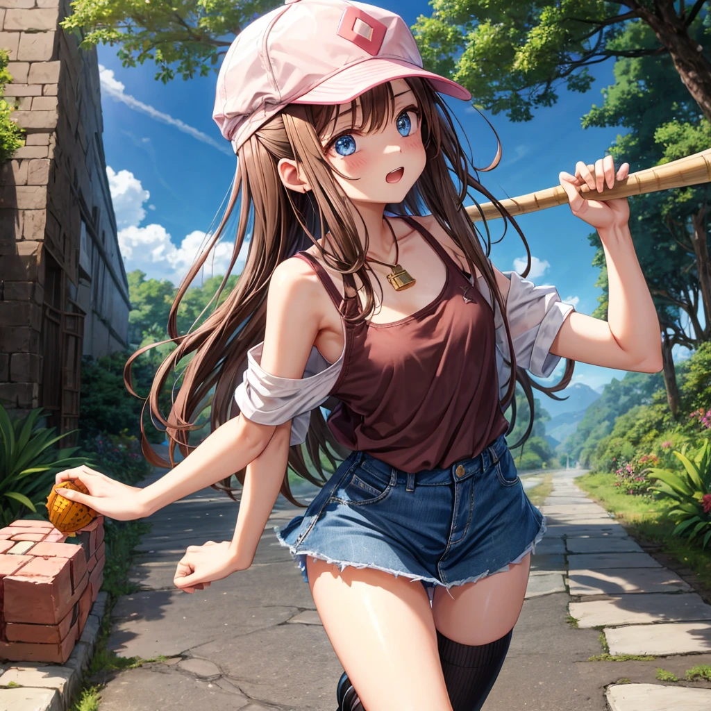 ((Best Quality)), ((Very detailed)), Masterpiece, absurdities, (detailed eyes, deep eyes), (1 girl), Perspective control, dynamic pose, whole body, Hilda, Brown hair, wide, Side locks, nude, Blue eyes, Wide hips, smiling,transparent wet shirt, pink nipples, small breasts, baseball cap, black vest, sleeveless shirt, White shirt, wristband, denim shorts, Short shorts, Boots, (out, in a waterfall, Rio, water)
