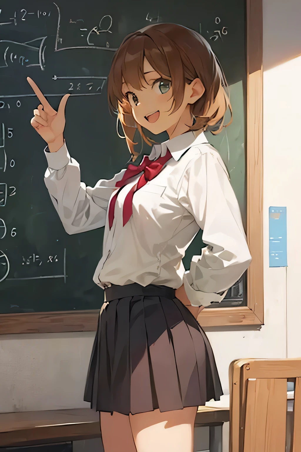 A girl stands next to a blackboard, the girl points at the blackboards, the girl laughs hard, the girl is 25 years old, mature, flat-chested, has short brown hair and hazel eyes, is dressed in college uniform. The blackboard is covered in complex math formulas.