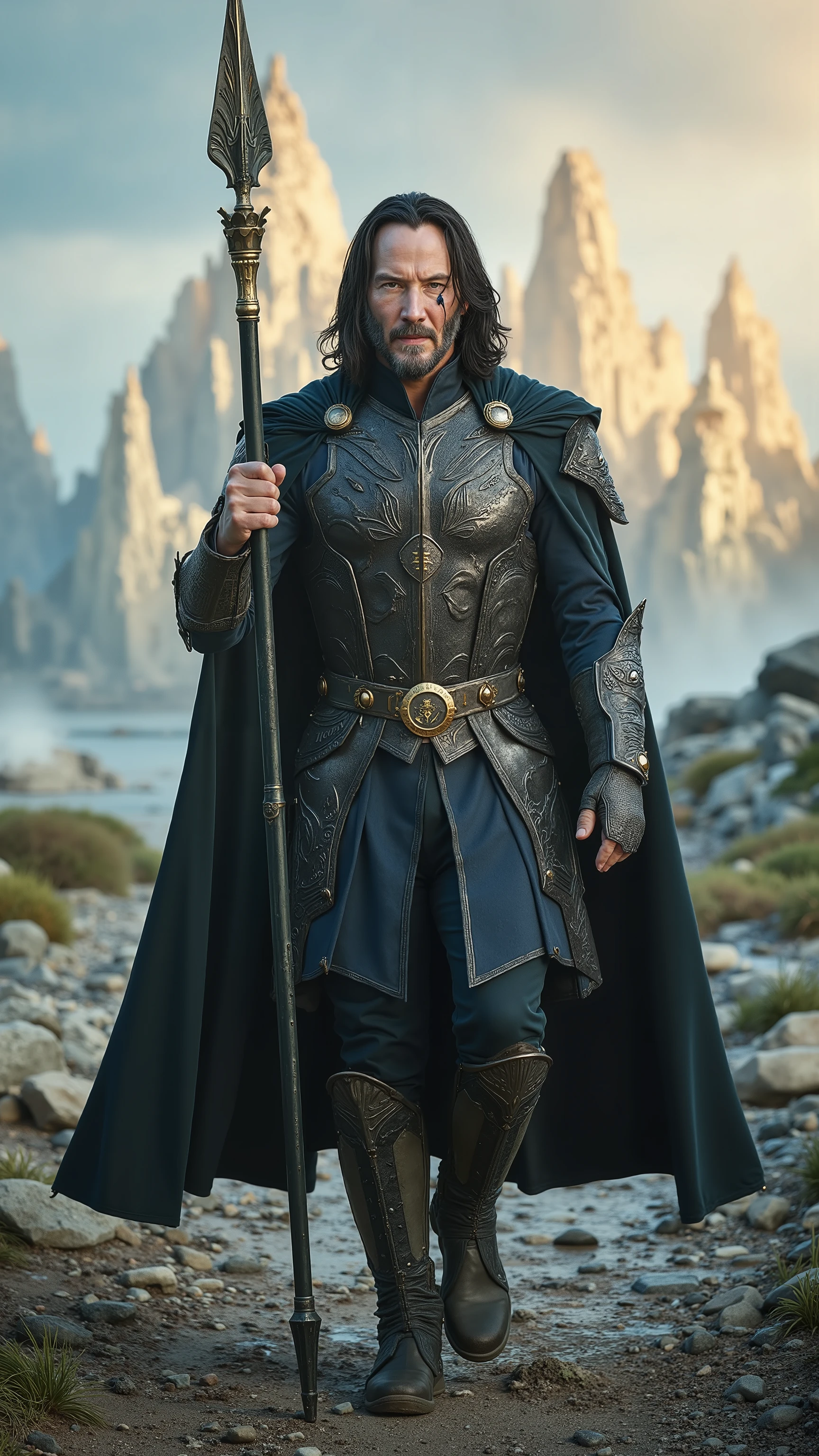 Keanu Reeves reimagined as a majestic Greek god Odin walking and holding Gungnir spear、dramatic atmosphere, 1 male、
A towering, battle-hardened figure exuding quiet wisdom and unshakable power. His long, flowing raven-black hair is streaked with silver, framing sharp, angular features marked by age and war. A single, piercing gray eye gleams with ancient knowledge, while the other is covered by a blackened steel eyepatch engraved with runes of foresight. His presence is both regal and foreboding, a god who has seen the rise and fall of empires.
He wears a high-collared cloak of deep midnight blue, lined with golden runes of fate, draping over a cuirass of blackened gold and storm-gray steel, engraved with Norse symbols of power and wisdom. His massive pauldrons curve like the wings of a raven, subtly shifting as if woven from shadow. Thick, rune-inscribed bracers of celestial iron encase his arms, their surfaces etched with sagas of war and prophecy.
A heavy wolf-fur mantle, dark as a stormy sky, rests upon his shoulders, secured by a golden brooch shaped like a coiled serpent. At his side, a massive runeblade, its hilt adorned with the bones of fallen kings, hums with the whispers of fate. In his hand, he wields Gungnir, the legendary spear, its shaft carved from Yggdrasil’s wood, its tip forged from a shard of a fallen star.
, shows his male character's full figure, athletic body, perfect face, full body, extremely beautiful, god, male shape, perfect anatomy, The background showcases the Asgard shines under a bright sky. Majestic golden spires pierce the heavens, while the Bifrost Bridge arcs in radiant colors. Waterfalls tumble down rocky cliffs, embraced by verdant landscapes, photorealistic, masterpiece, realistic, high contrast, 8k, HD, high definition detailed, detailed, hyper detailed, realistic skin texture, best quality, ultra high resolution, hyper realistic, no text, very detailed eyes, dramatic lighting