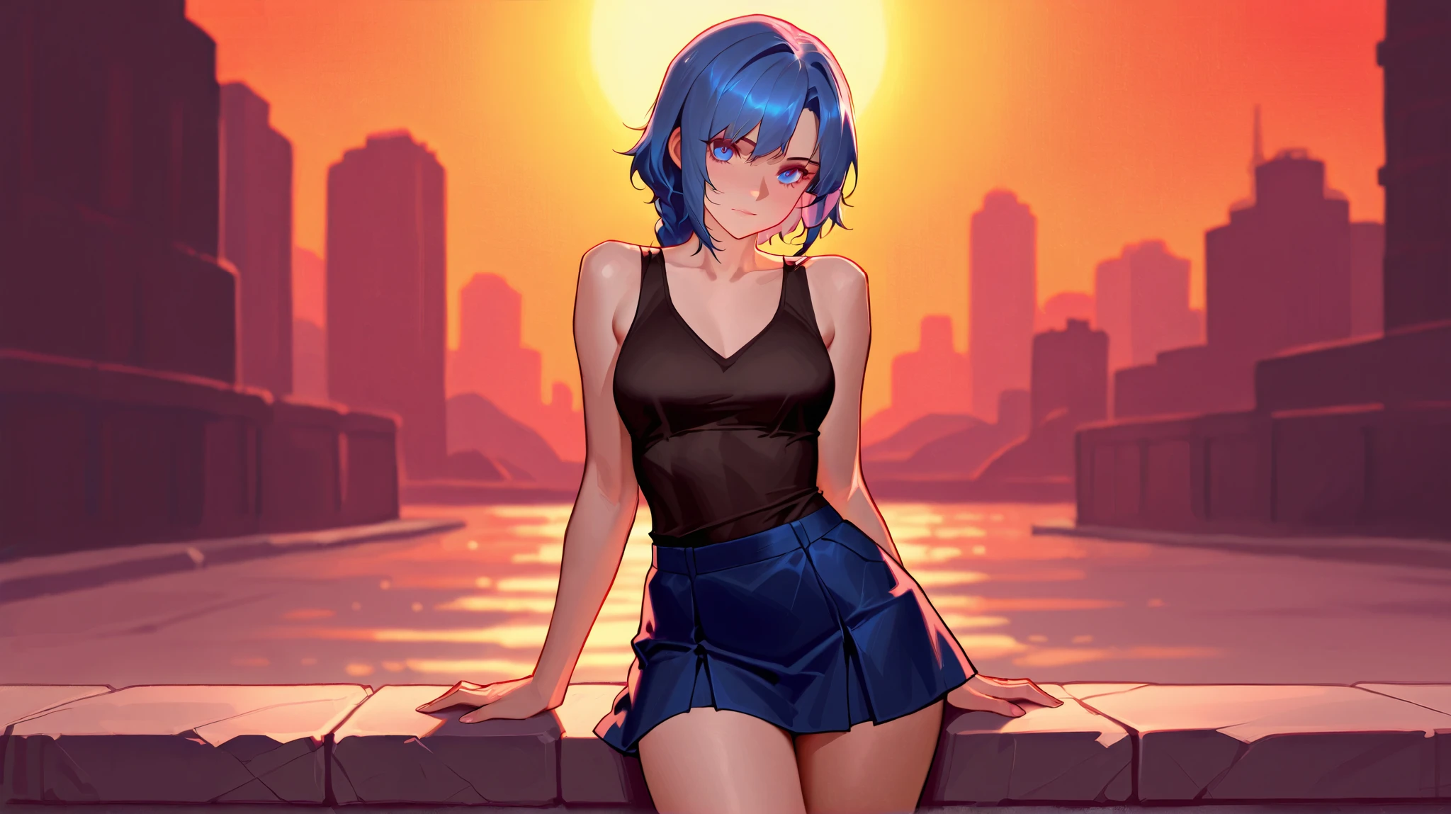 Jinx of the arcane tv series on roof top at the evening sunset with a short skirt and a v neck tank top, 4k resolution, Ultra quality,, breathtaking digital art, 8k, high resolution, best quality, Blue long braided hair, carefully generated beautiful hands, face and body, wide hip and tiny waist,