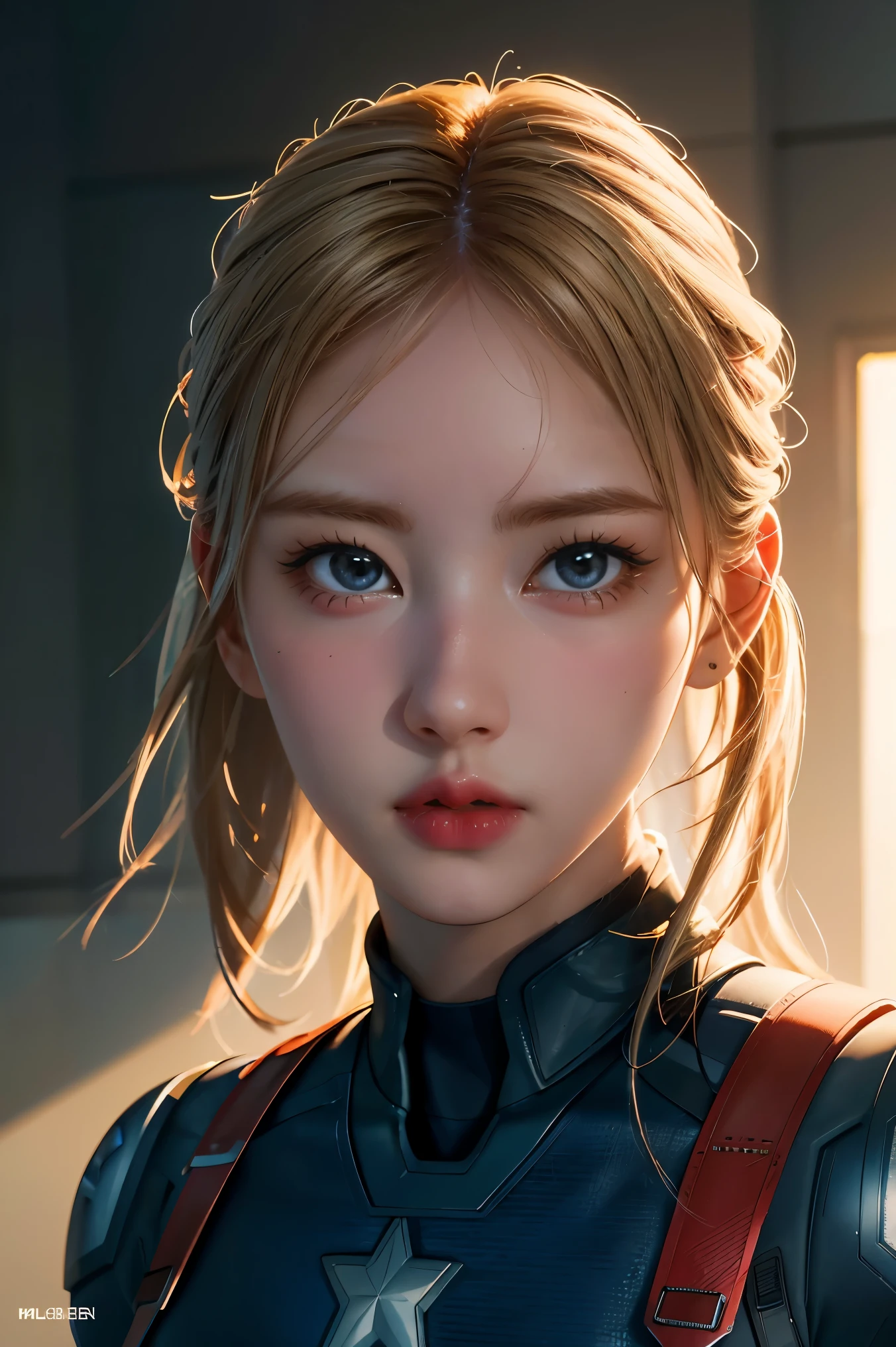 (raw photo:1.2), (photorealistic:1.4), 1girl as a Character Steve Rogers wearing Captain America's outfit, without the mask, very detailed eyes and face, beautiful detailed eyes, full body, 4k resolution, high quality model, high detail, high definition, light on the face, cinematic lighting
