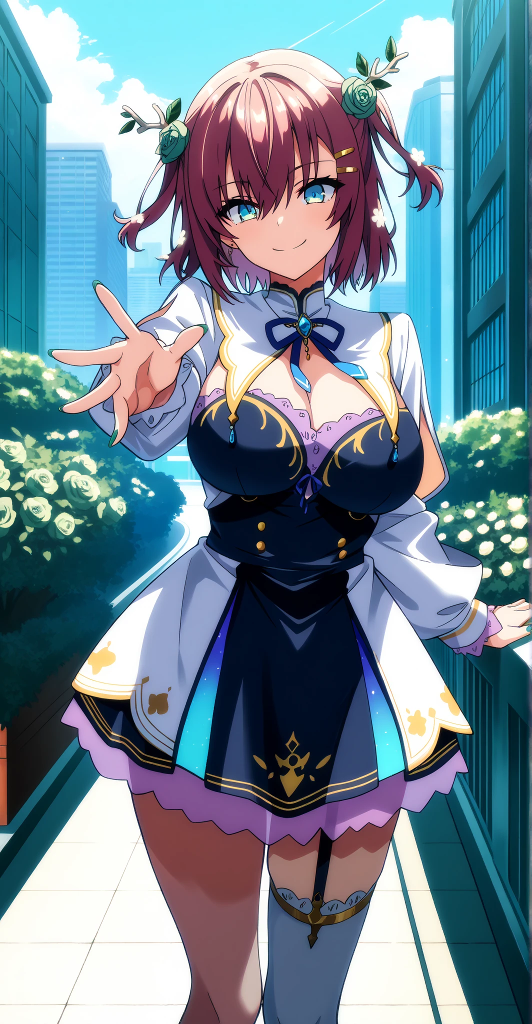 gran calidad ++ Extremely detailed high resolusionolution, very aesthetic, ojos expresivos, (((Cara perfecta))), (((face symmetrical))), ((good anatomy)), (((manos perfectas))), (((8k))), UHD, Fondo de pantalla HD, (((alta calidra detallada, (((((1girl)))))), solamente, Obra maestra, La mejor calidad, high resolusion, Altamente detallado, (illustration), hermosos ojos detallados, (((combatant))), (((((1girl))))), ((((fullbody)))), (((Ai hoshino))), ((((Girl with characteristics of Miku Izayoi and Hoshino Ai)))), (((rvcm_duoton3_hairstyle))), ((((((purple hair)))))), ((((((purple eyes)))))), (((agglutination))), Combination, (((hembra madura))), (((meijiudress))), (((astral dress))), (((hair ornament))), (((gloves))), (((dress))), (((pantyhose))), (((choker))), (((elbow gloves))), (((white pantyhose))), (((puffy sleeves))), (((frilled skirt))), (((frills))), (((cleavage))), (((dome))), (((stage))), (((concert))), (((singing))), (((idol))), (((puffy sleeves))), (((puffy short sleeves))), (((gradient dress))), (((hombros estrechos))), (((cintura estrecha))), (((They are smiling))), Cabello largo, enorme, Jardin de un castillo, (((mature female))), Obra maestra, mejor calidad, ((Obra maestra)), ((mejor calidra descarrilado)), Parte superior del cuerpo, (((mirada cara a cara))),