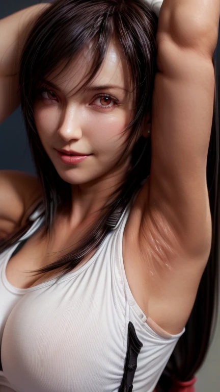 Photorealistic, masutepiece, Best Quality, Raw photo, 1girl in, Solo, Long hair, Brown hair, Detailed face, alluring face, Sweater that kills virgins, medium breasts, Dynamic Pose, Looking at Viewer, From below, Detailed background, fine detailed, intricate detailes, Ray tracing, depth of fields, lowkey, nffsw, naked portrait, nude photography, shiny nipple, show armpit , no clothes