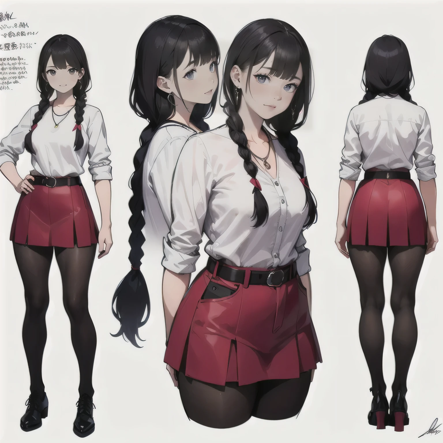 same character reference sheet,masterpiece,Ultra-detailed,photo-realistic,hyper-realism,perfect face,16years old,(A very pretty Japanese girl standing straight),arms at sides,straight-on,wide stance,facing forward,(very short stature),wide face,round jaw,smile,(cute droopy almond eyes:1.2),thick and curvy body,large breasts,thin waist,wide and round hips,muscular and thick thighs,silky white skin,(white blouse with frills and laced, red mini-skirt,belt,shoes),very low thick and short twin-braids with hair ribbon,bangs,black hair,necklace,earrings,happy,smile,Full body, (simple white background),(front view,back view,multiple angles,from a distance),perfect anatomy,perfect pussy,industrial design sketch, sketch, traditional media, simple background, english text, signature
