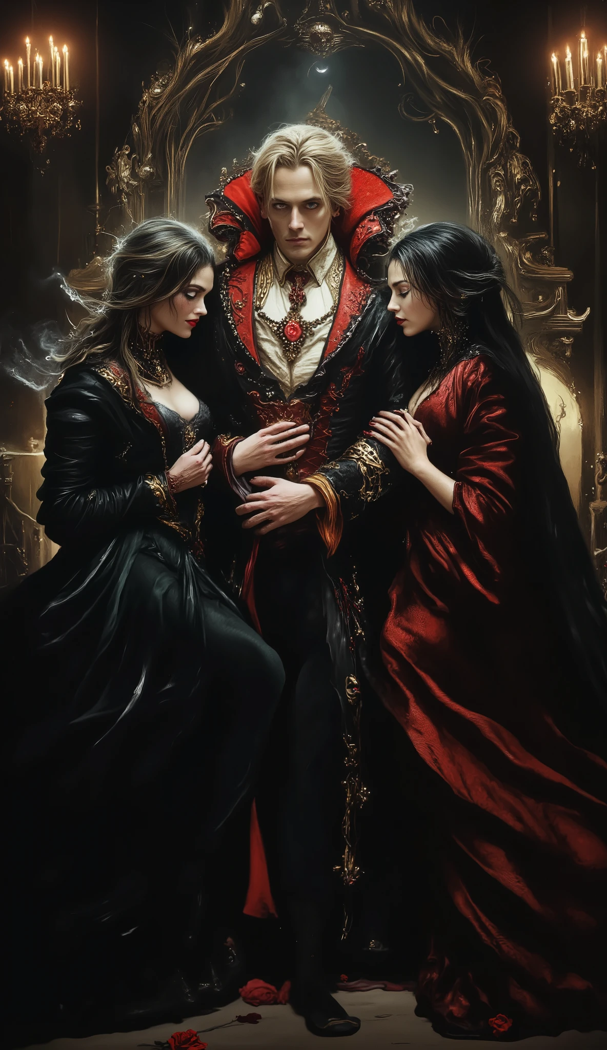 (best quality, 128k,highres,masterpiece:1.2),ultra-detailed,(realistic,photorealistic,photo-realistic:1.37), ((masterpiece)) ((photography)) ((Highest quality)) A gothic, darkly romantic illustration of Count Dracula with his three brides in a dimly lit, candle-filled castle chamber. Dracula, tall and imposing, wears an elegant black and red Victorian-style coat, his pale skin contrasting with his piercing crimson eyes. His three brides, ethereal and seductive, surround him with flowing dark and crimson gowns, their long hair cascading like shadows. Each bride has a unique allure: one with blood-red lips whispering into Dracula’s ear, another playfully caressing his chest, and the third gazing hungrily at him with a sly smile. The atmosphere is eerie yet passionate, with mist swirling around them, gothic chandeliers casting flickering light, and a hint of blood-red roses scattered on the stone floor. A timeless, hypnotic love in the depths of the night.